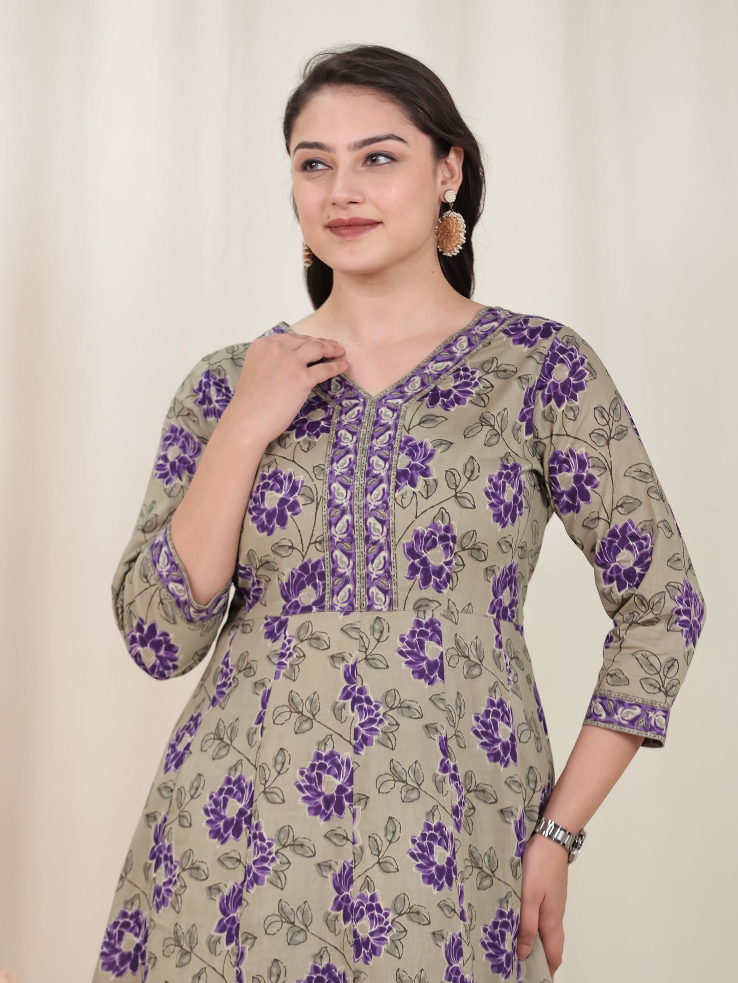 Soft Cotton Floral Flared Purple Kurta