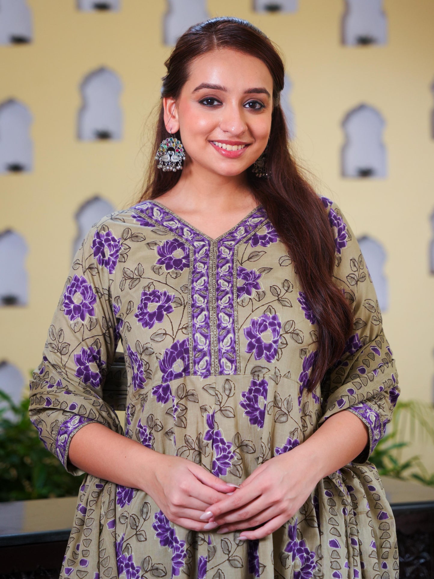 Soft Cotton Floral Flared Purple Kurta
