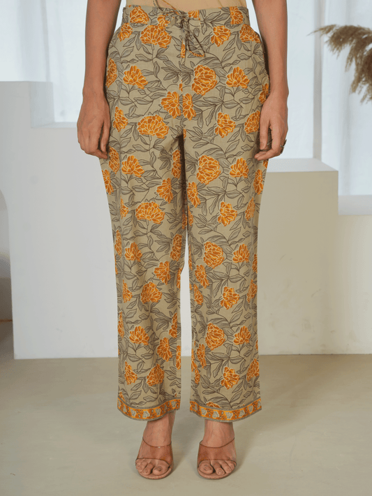 Soft Cotton Floral Yellow Straight Trousers