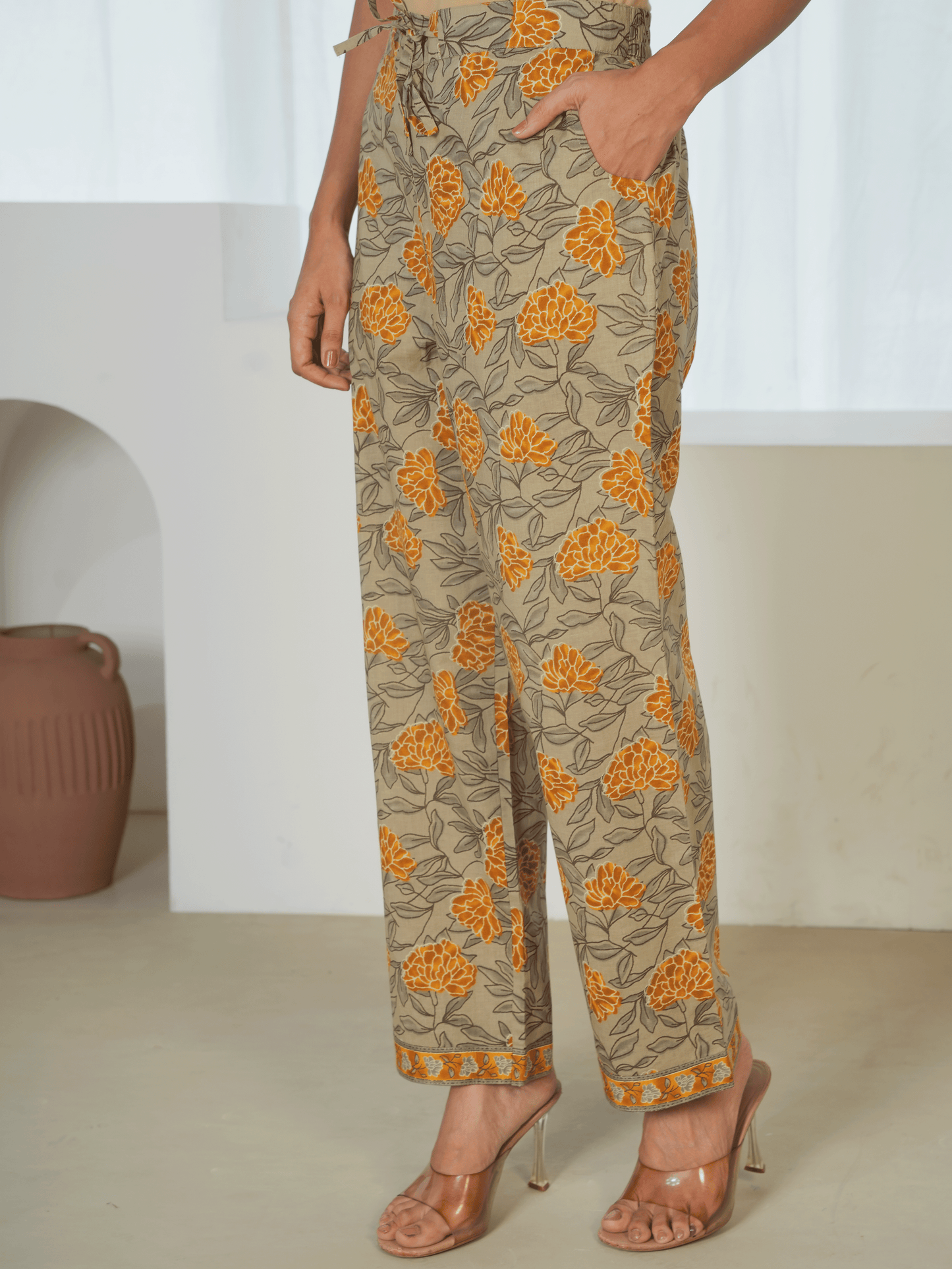 Soft Cotton Floral Yellow Straight Trousers