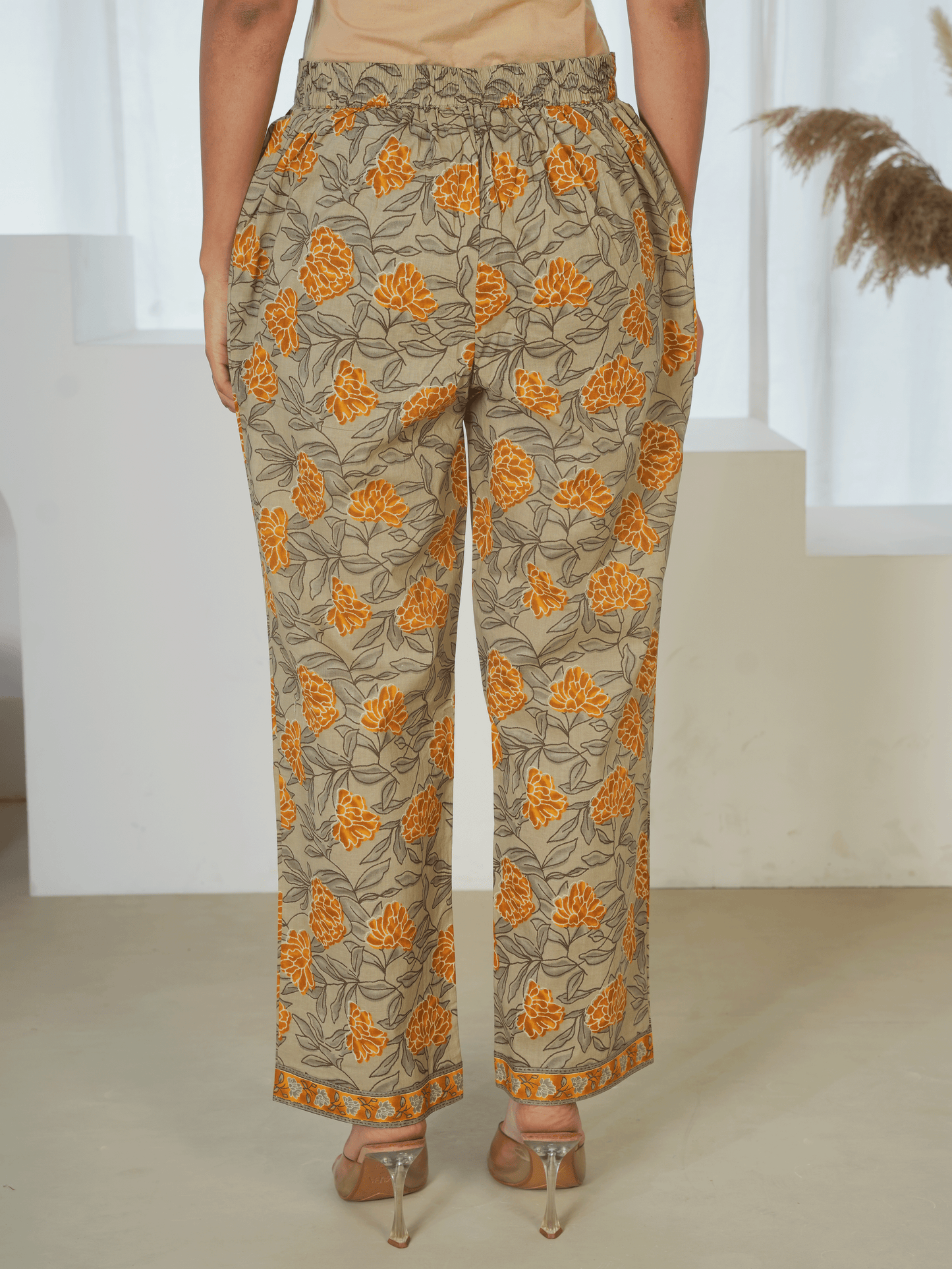 Soft Cotton Floral Yellow Straight Trousers