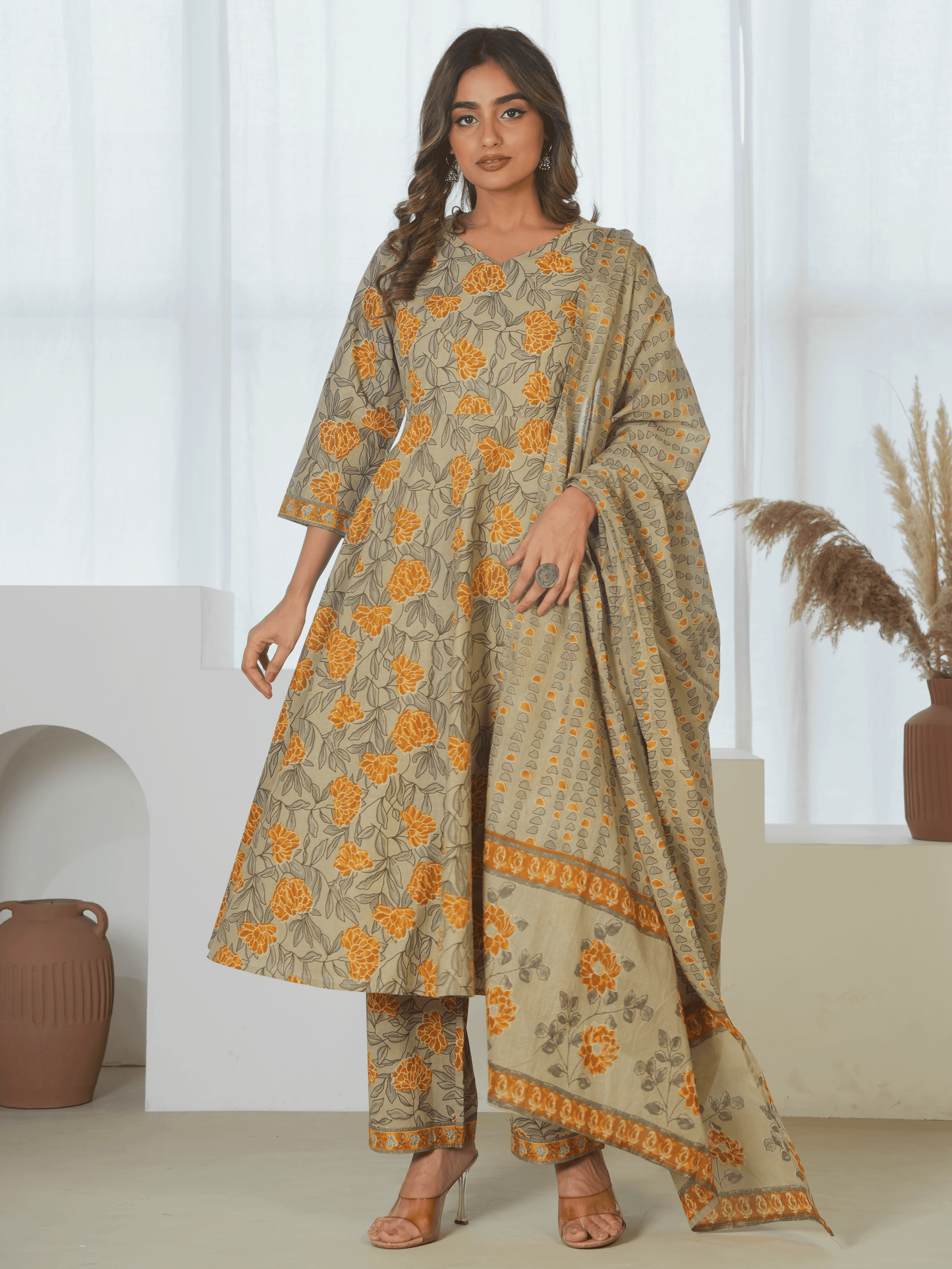 Cotton Voile Floral Yellow Dupatta