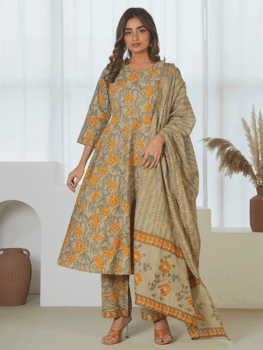 Cotton Voile Floral Yellow Dupatta