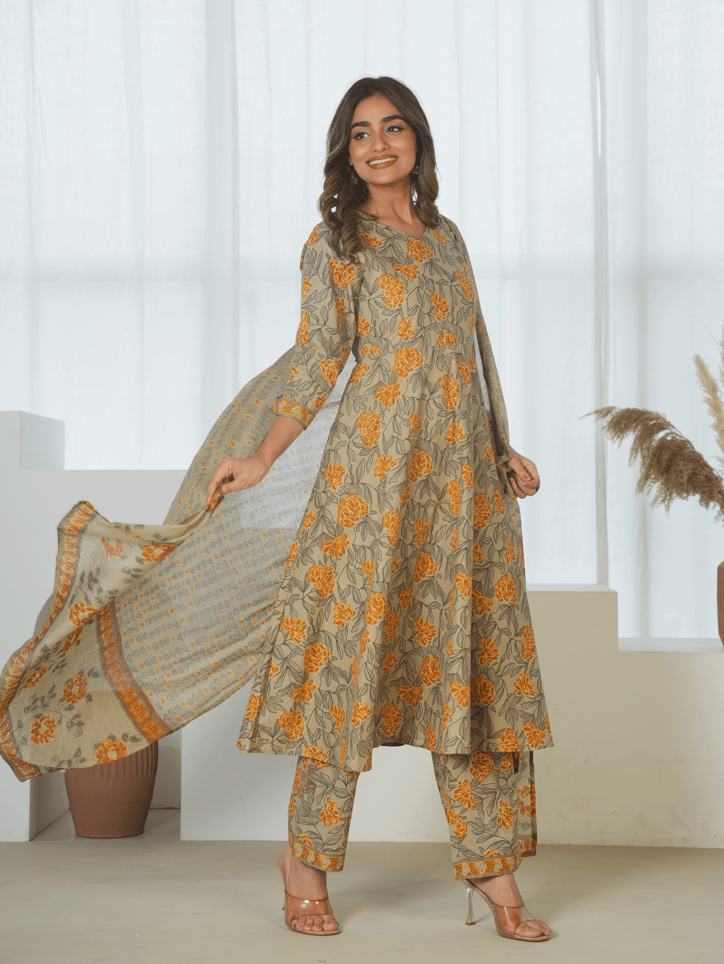 Cotton Voile Floral Yellow Dupatta