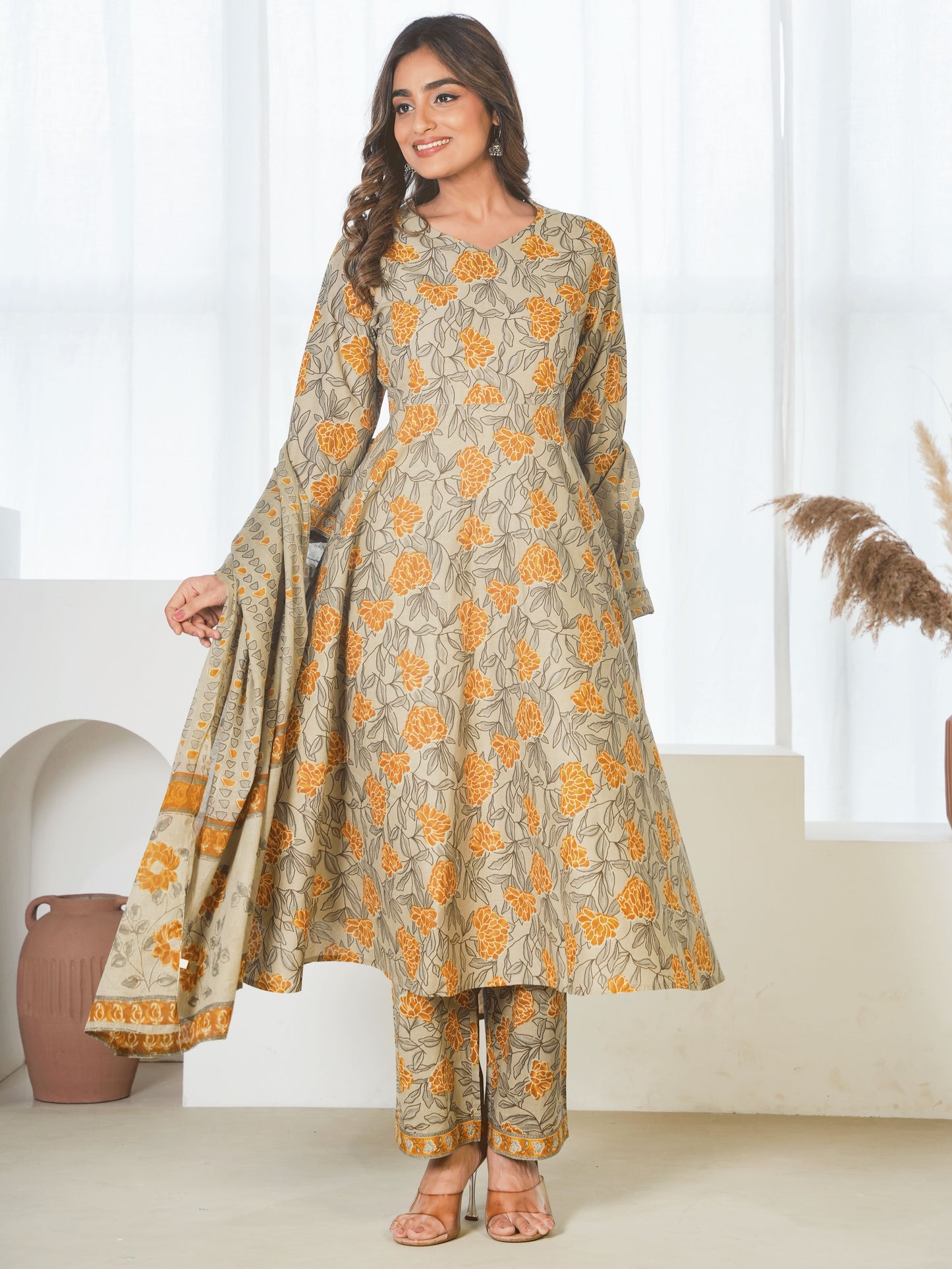Soft Cotton Floral Anarkali Yellow Kurta