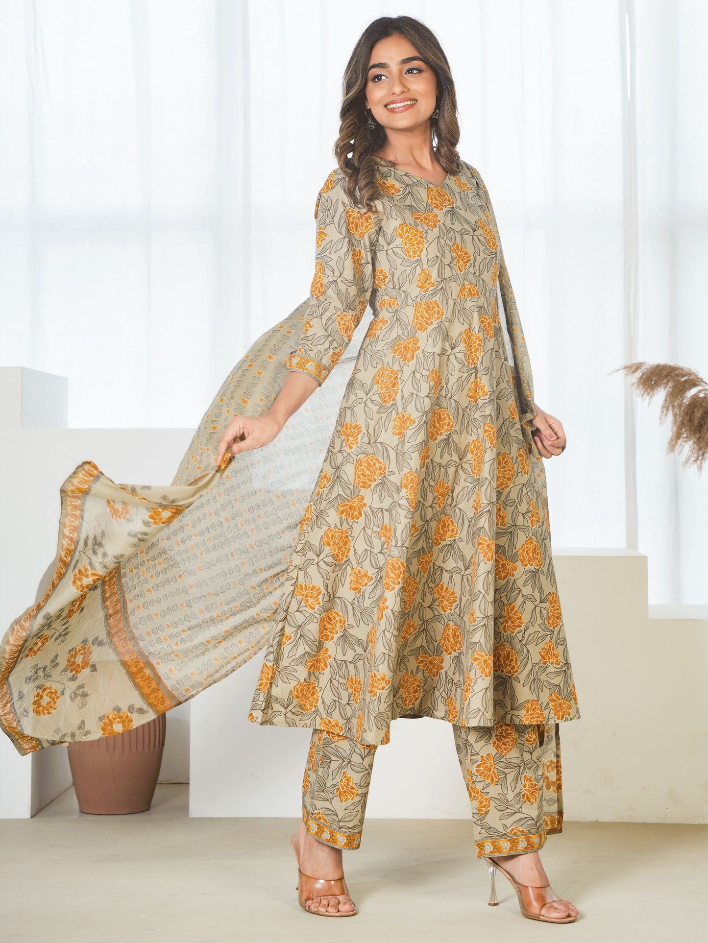 Soft Cotton Floral Anarkali Yellow Kurta
