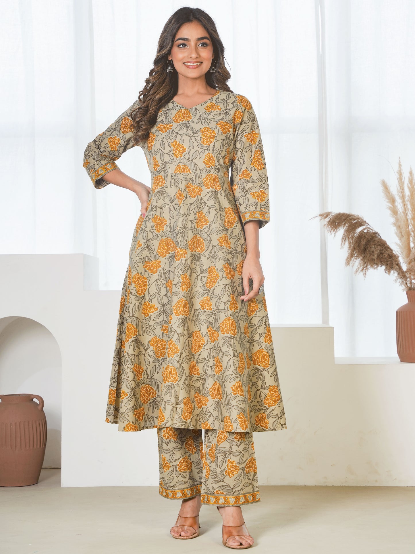 Soft Cotton Floral Anarkali Yellow Kurta