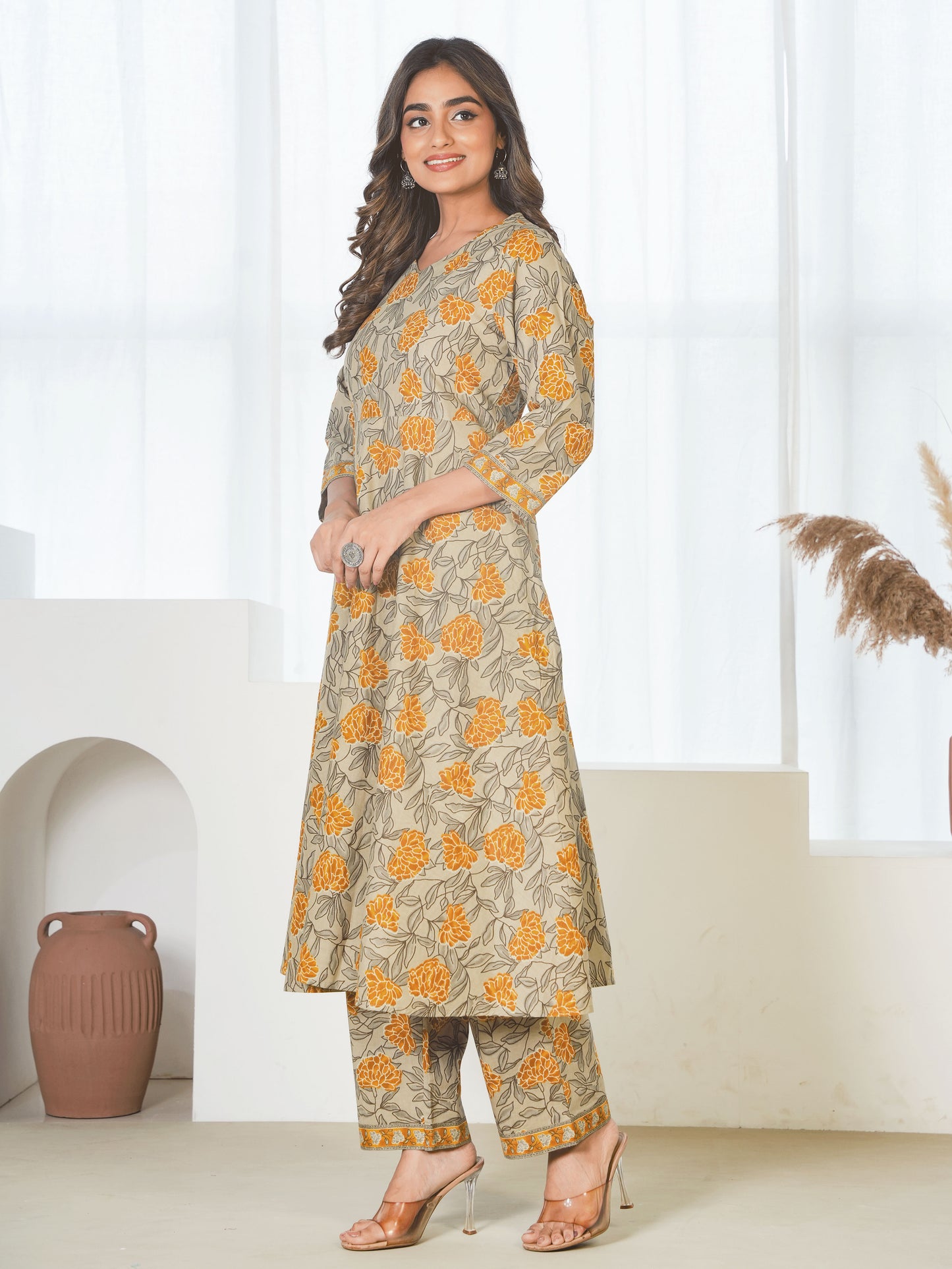 Soft Cotton Floral Anarkali Yellow Kurta