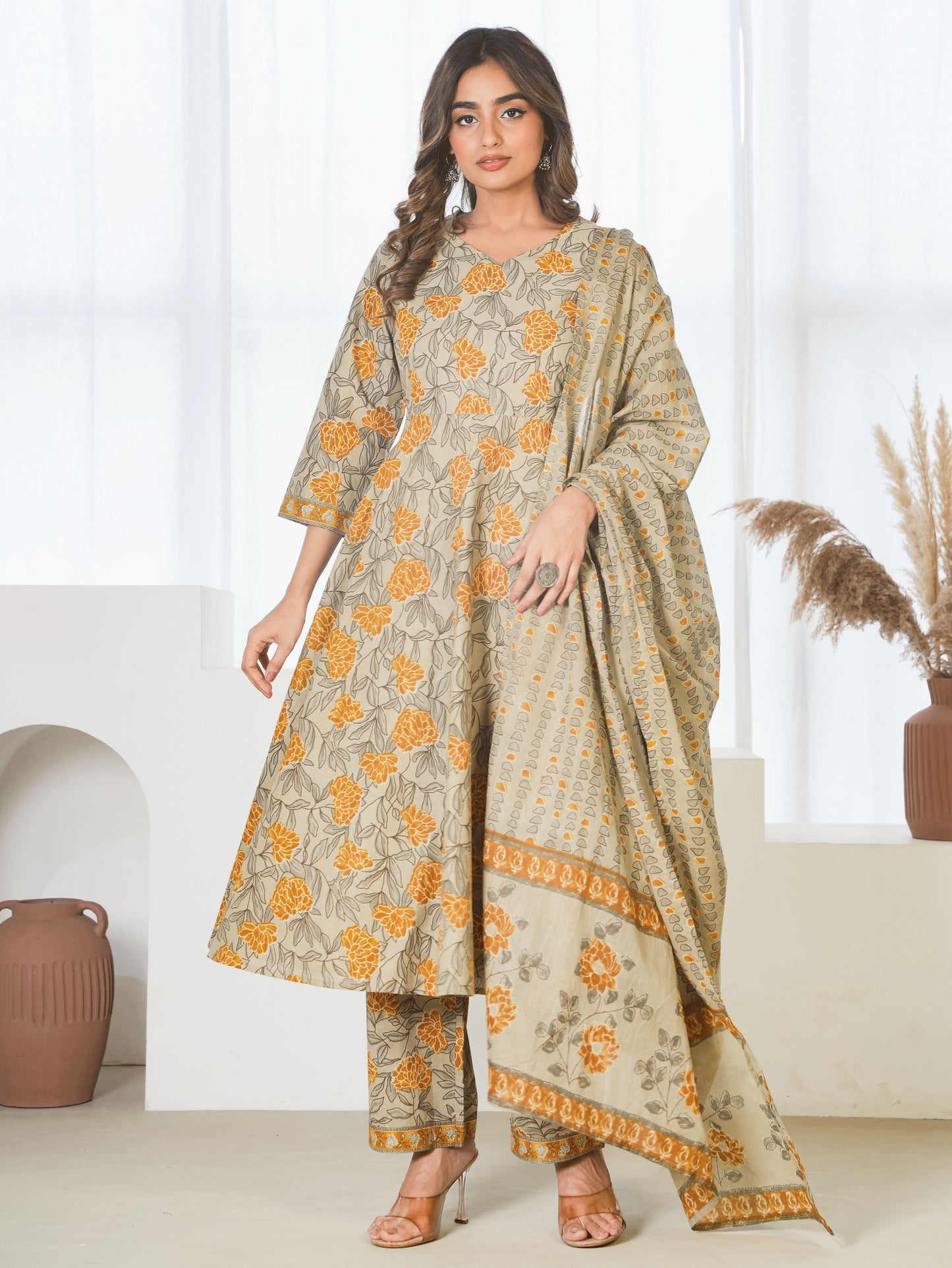 Soft Cotton Floral Anarkali Yellow Kurta
