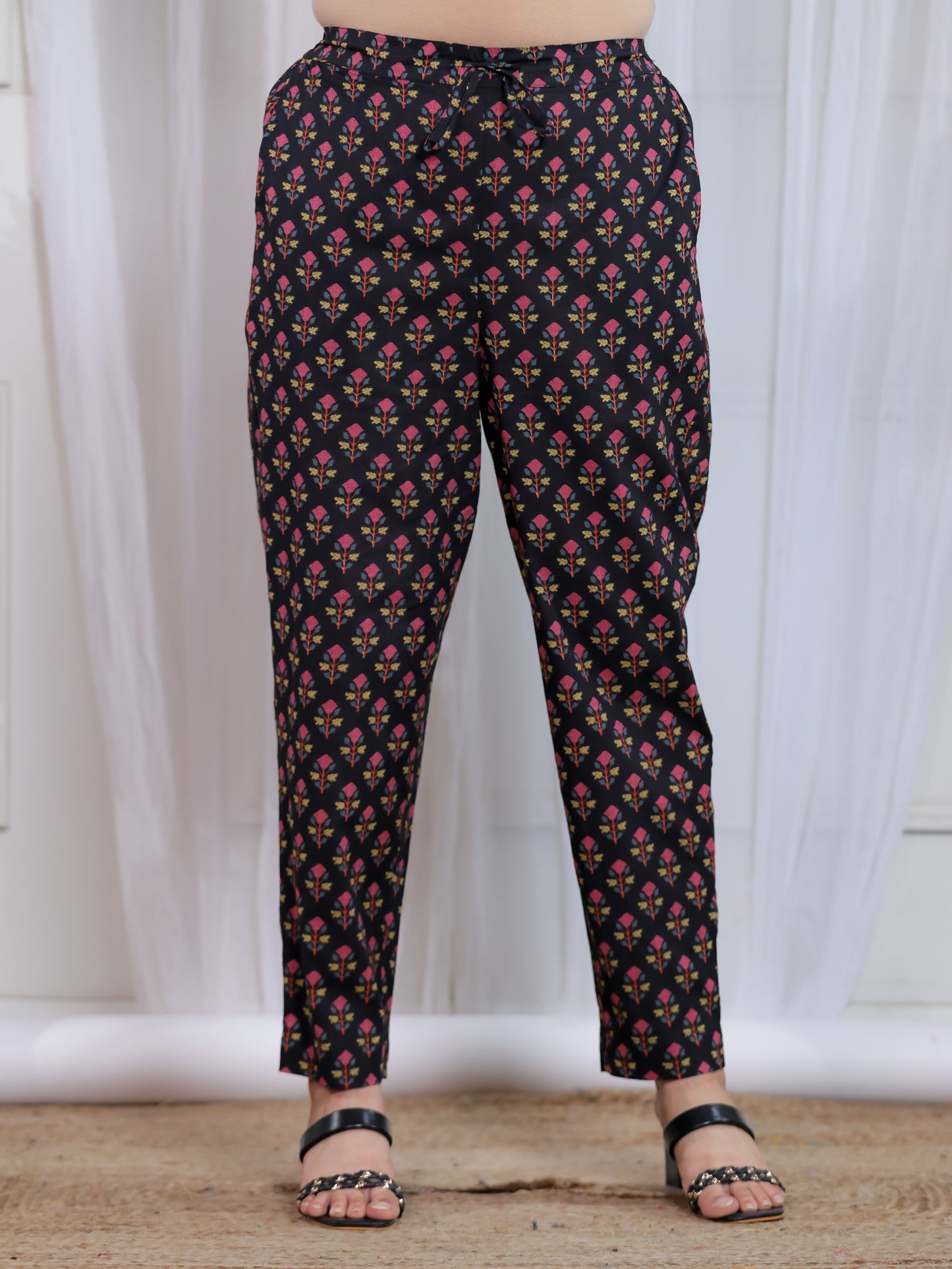 Soft Cotton Floral Black Tapered Tapered Trousers