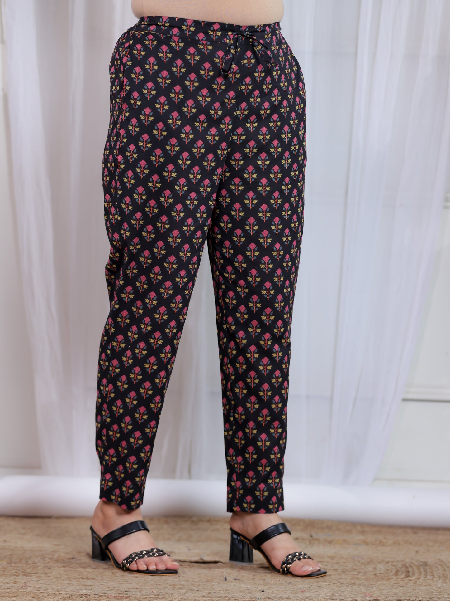 Soft Cotton Floral Black Tapered Tapered Trousers