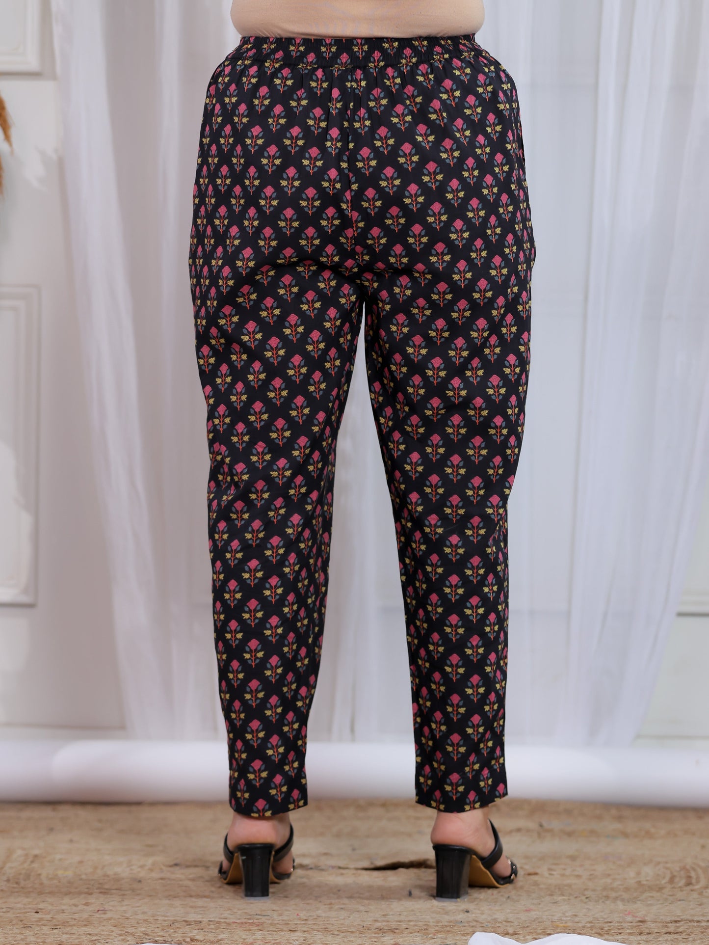Soft Cotton Floral Black Tapered Tapered Trousers