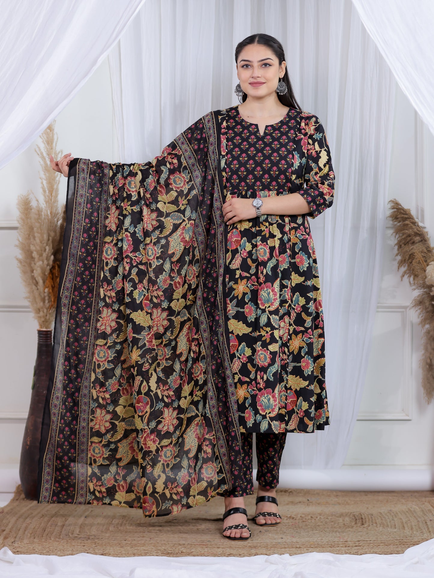 Cotton Voile Floral Black Dupatta