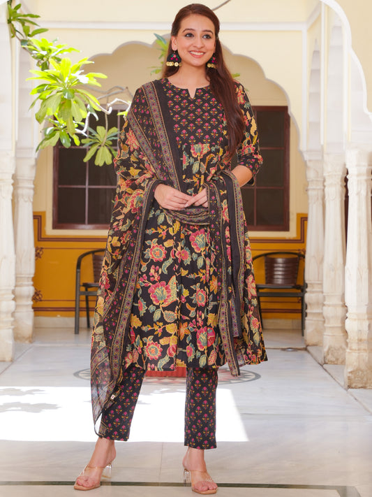 Cotton Voile Floral Black Dupatta