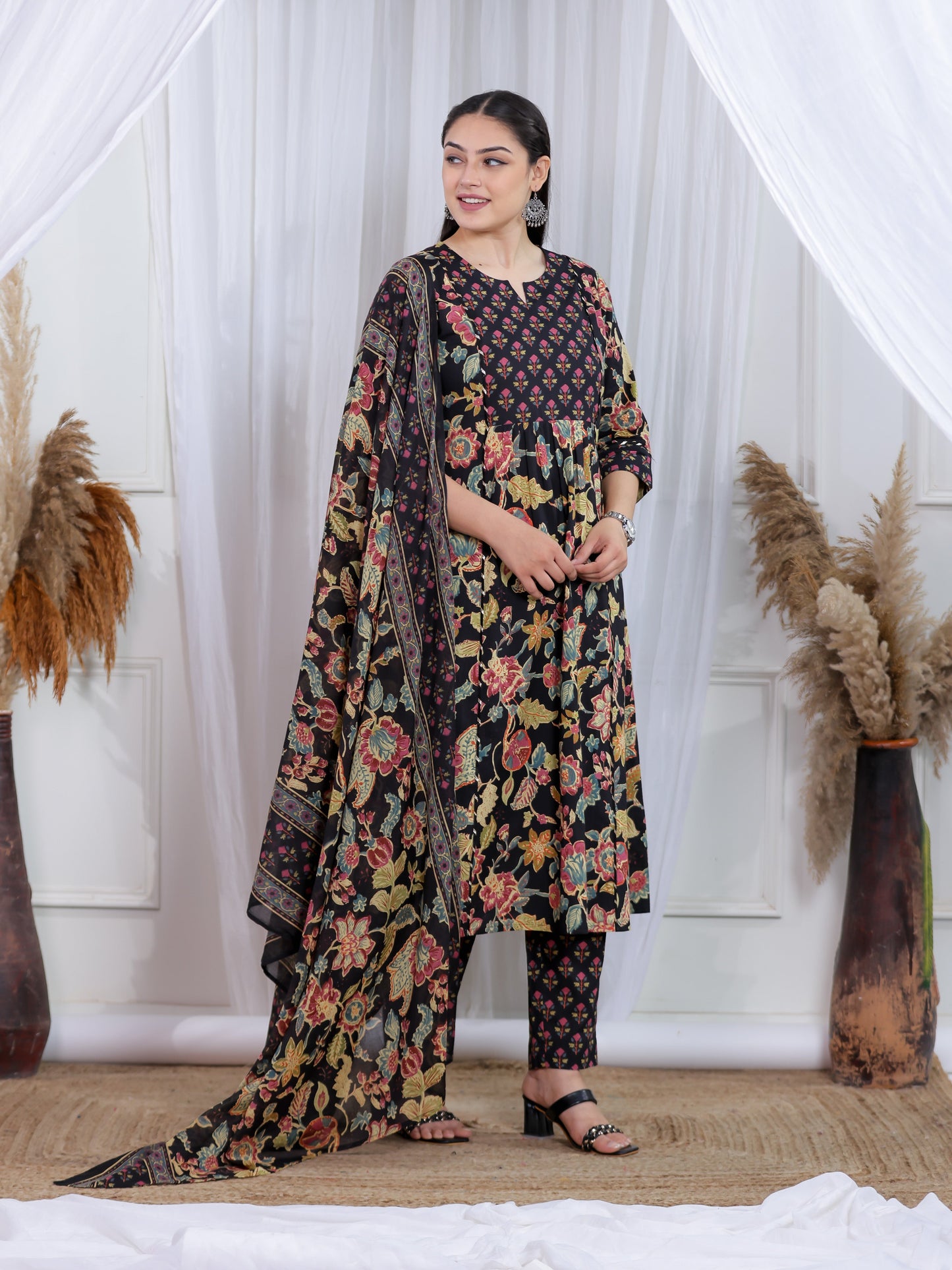 Cotton Voile Floral Black Dupatta