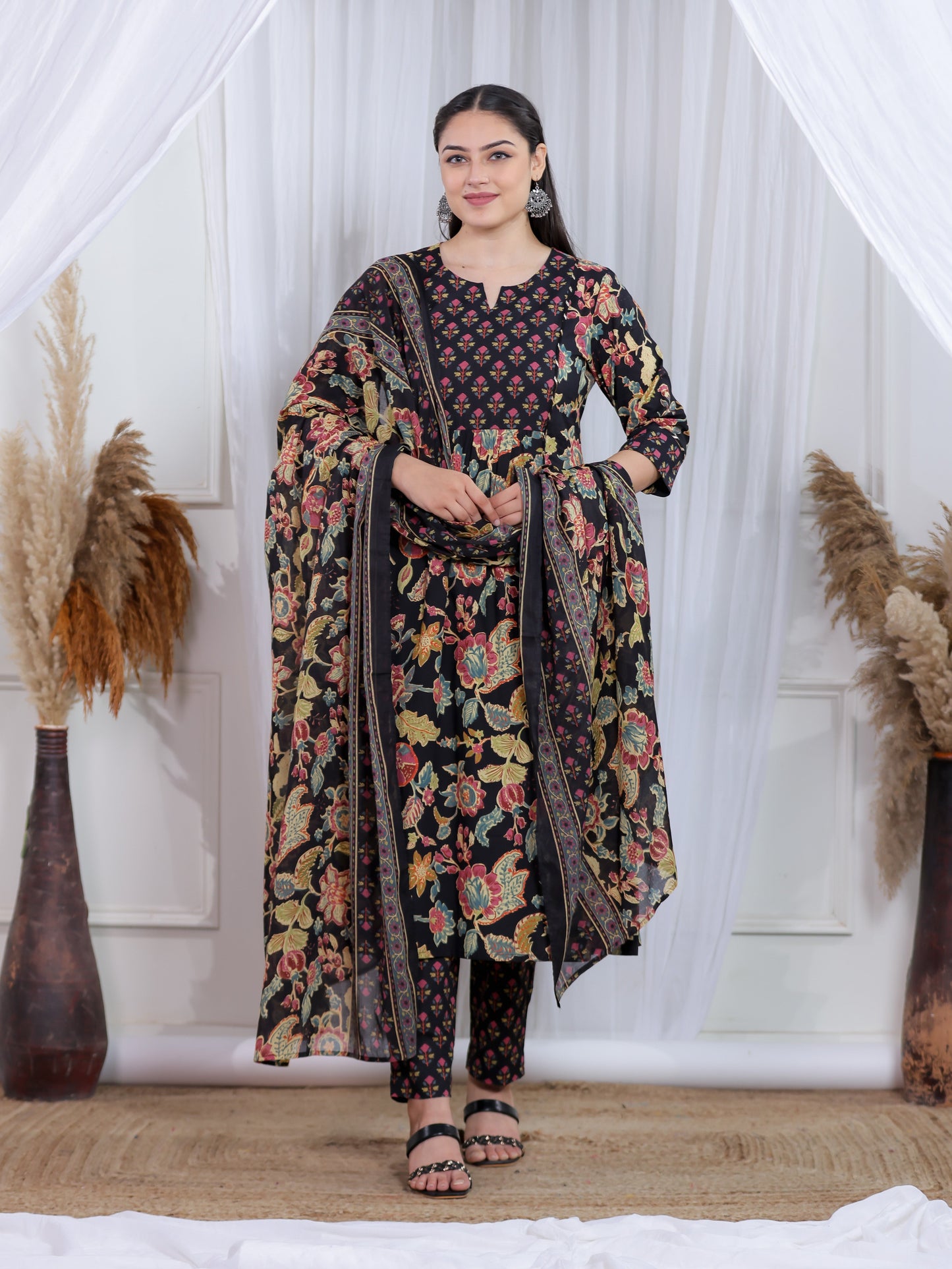 Cotton Voile Floral Black Dupatta