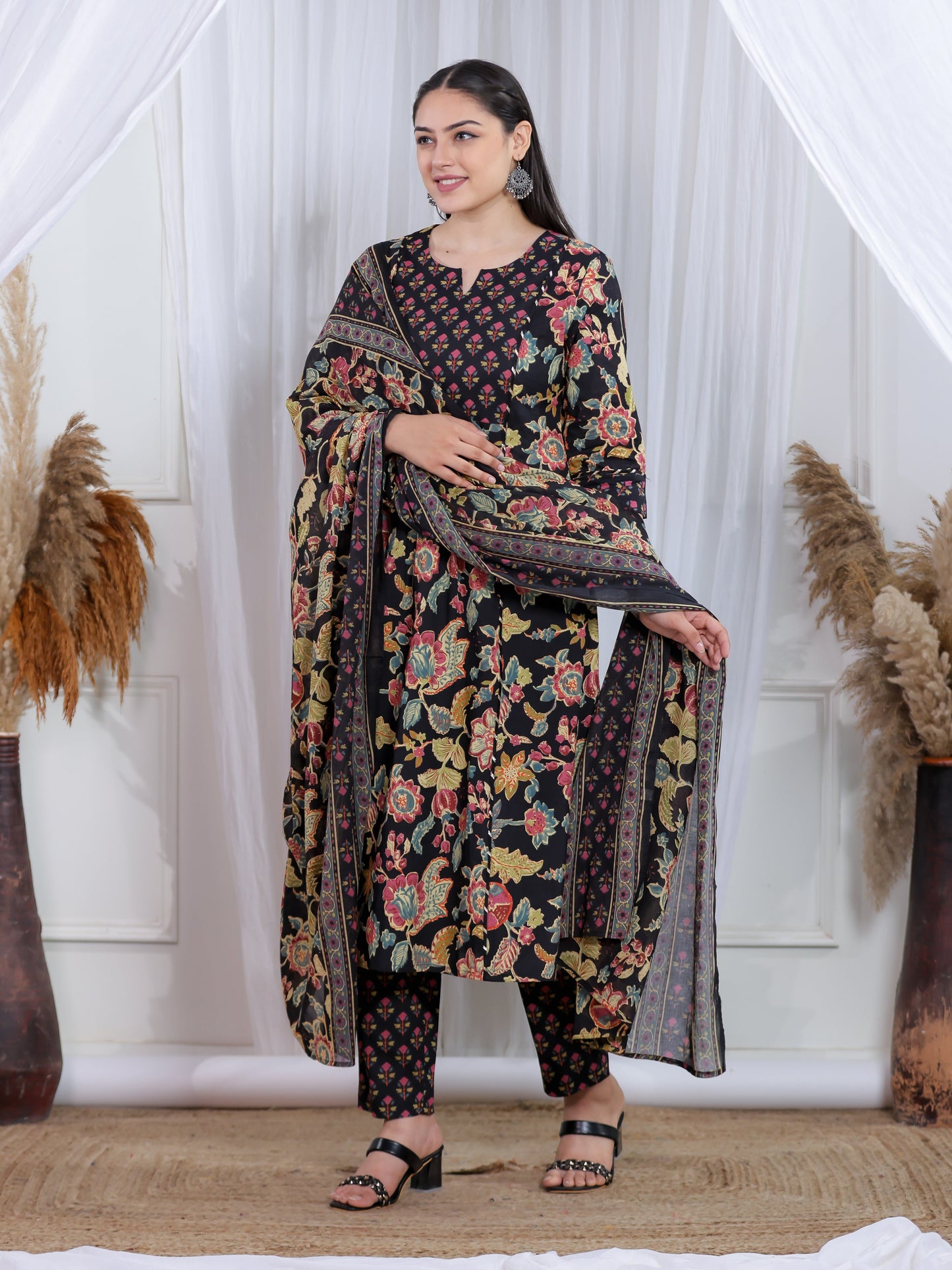Soft Cotton Floral Flared Black Kurta