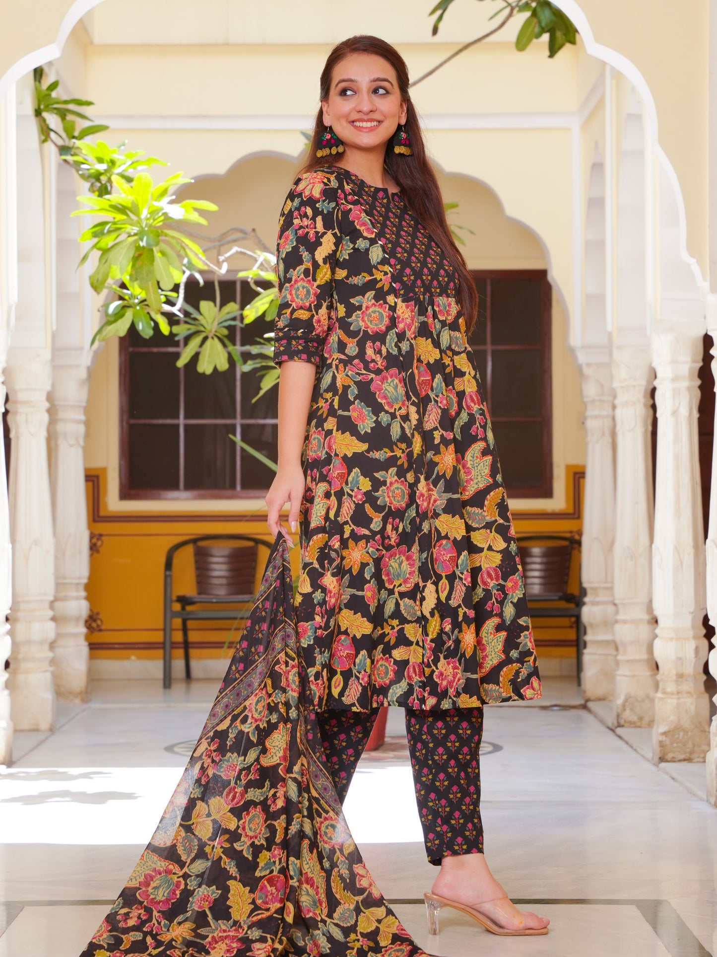 Soft Cotton Floral Flared Black Kurta