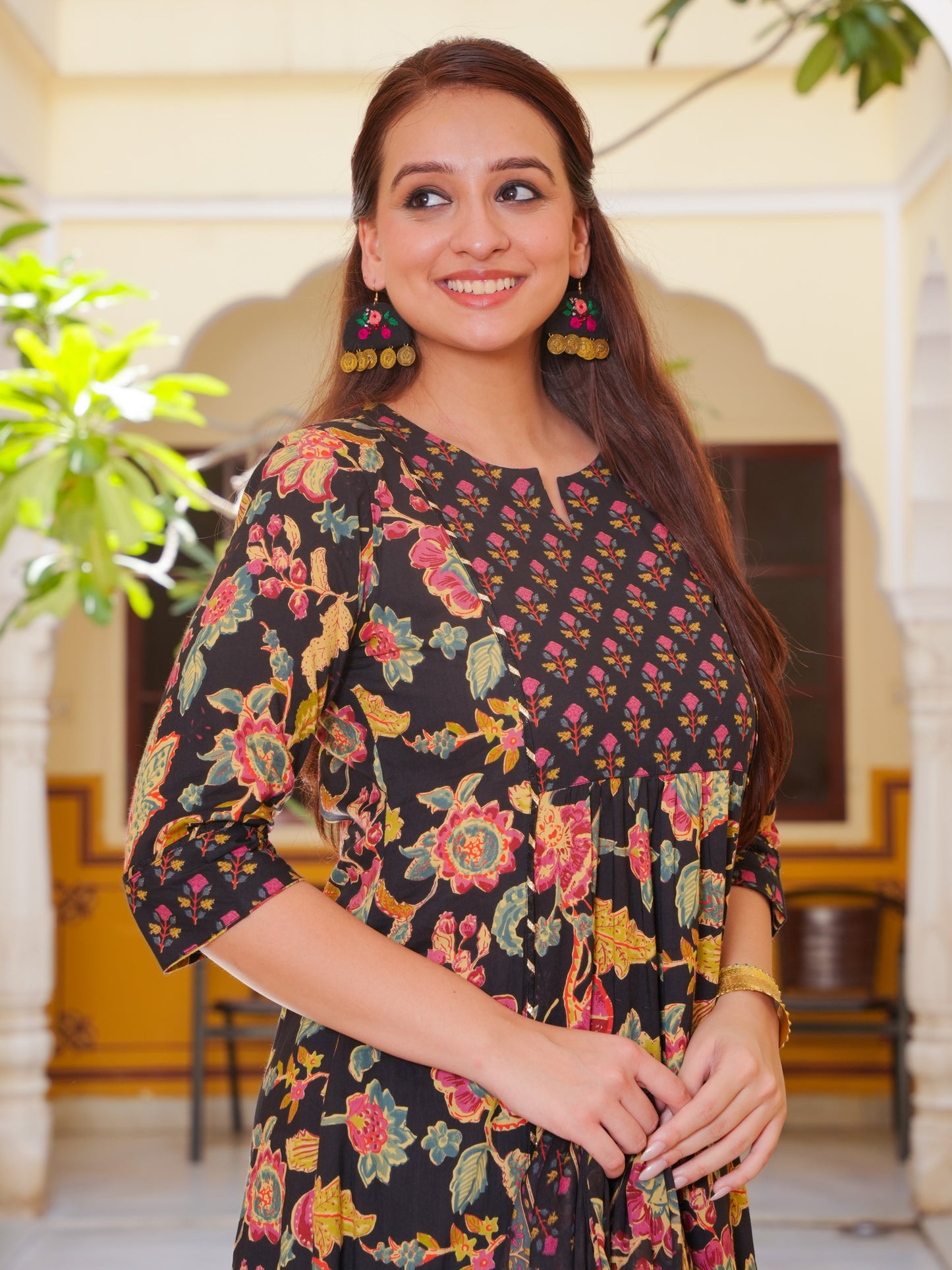Soft Cotton Floral Flared Black Kurta
