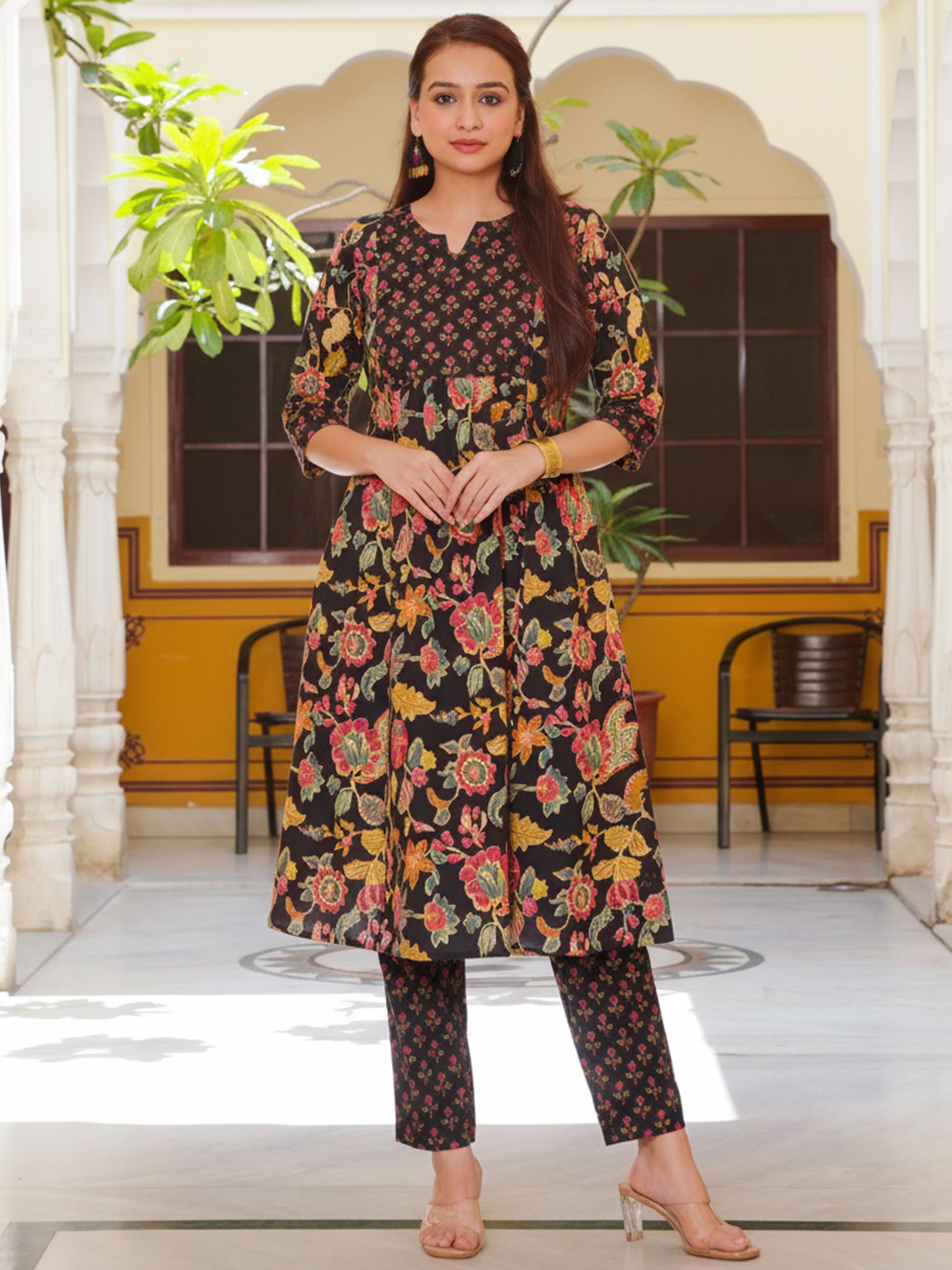Soft Cotton Floral Flared Black Kurta
