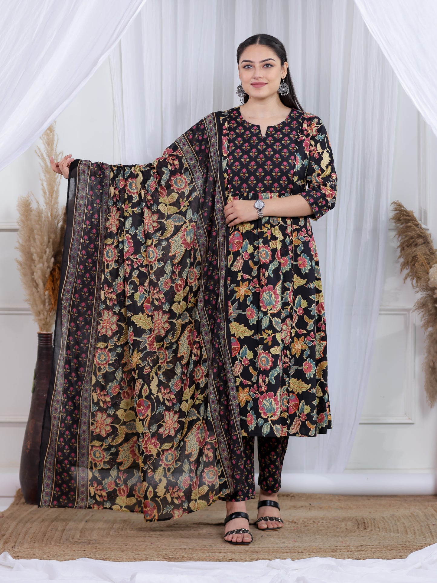 Soft Cotton Floral Flared Black Kurta