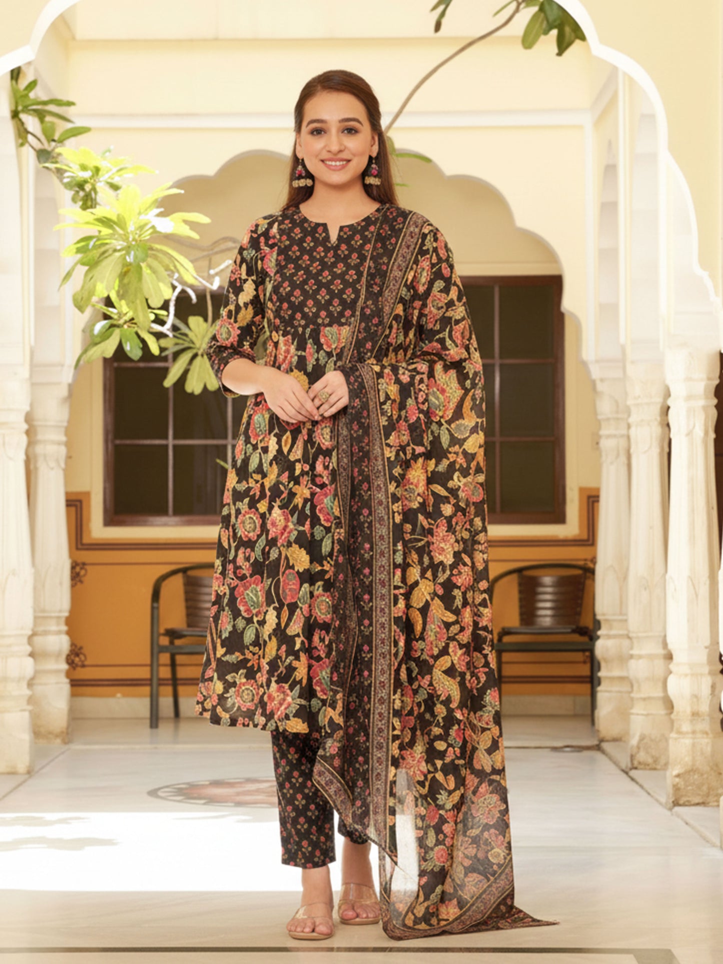 Soft Cotton Floral Flared Black Kurta