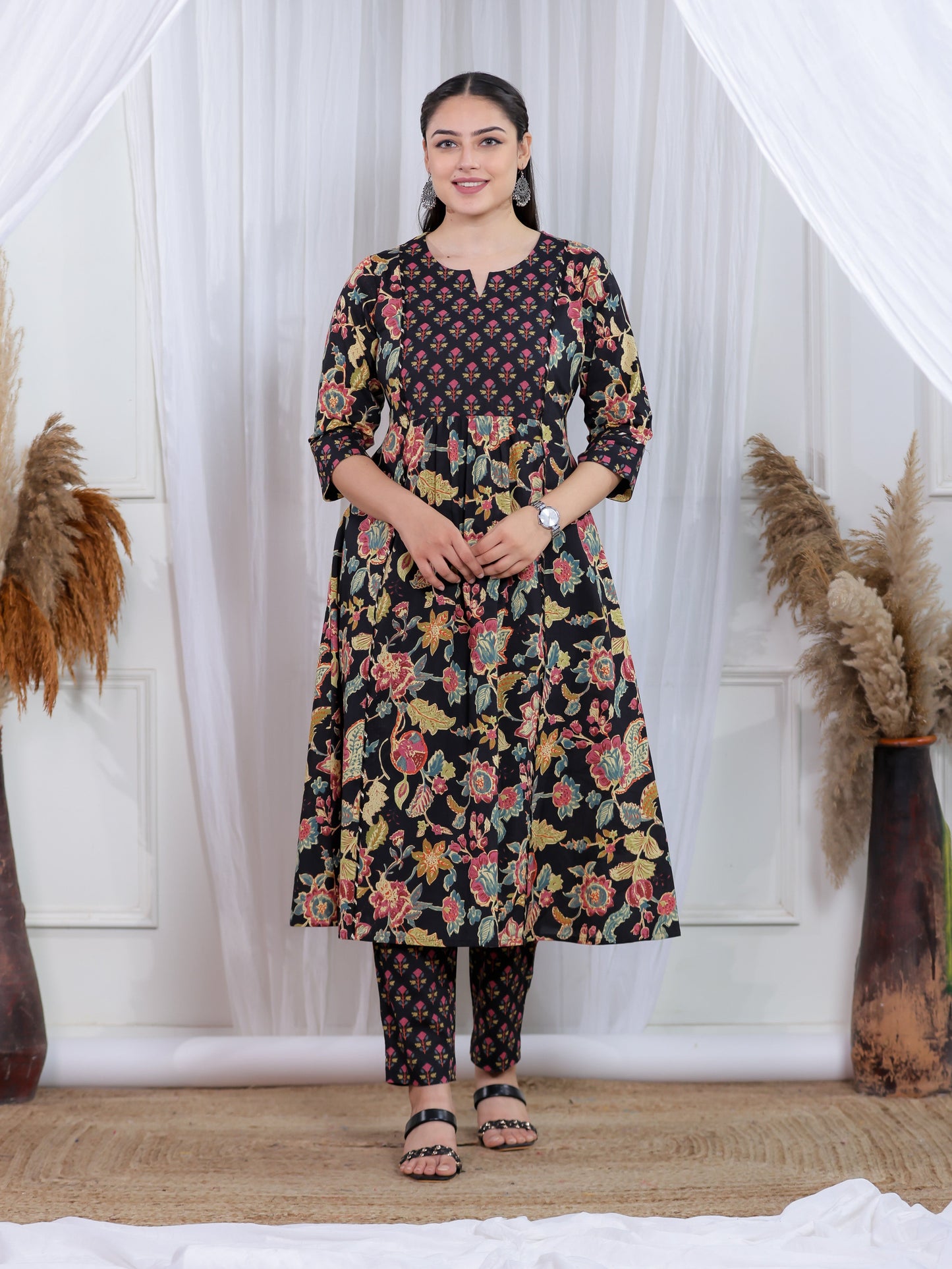 Soft Cotton Floral Flared Black Kurta