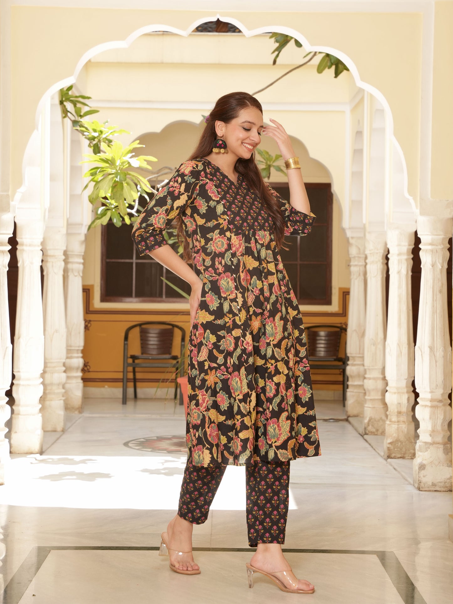 Soft Cotton Floral Flared Black Kurta
