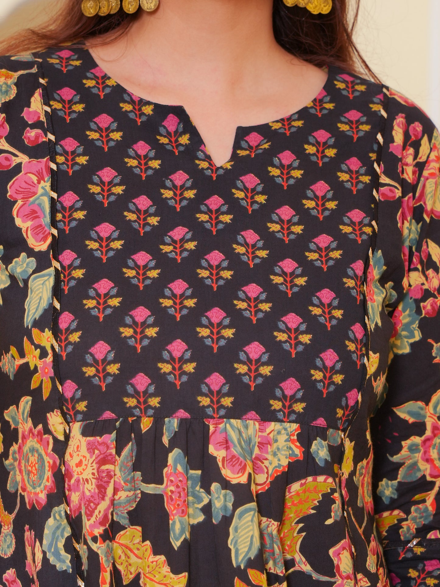 Soft Cotton Floral Flared Black Kurta