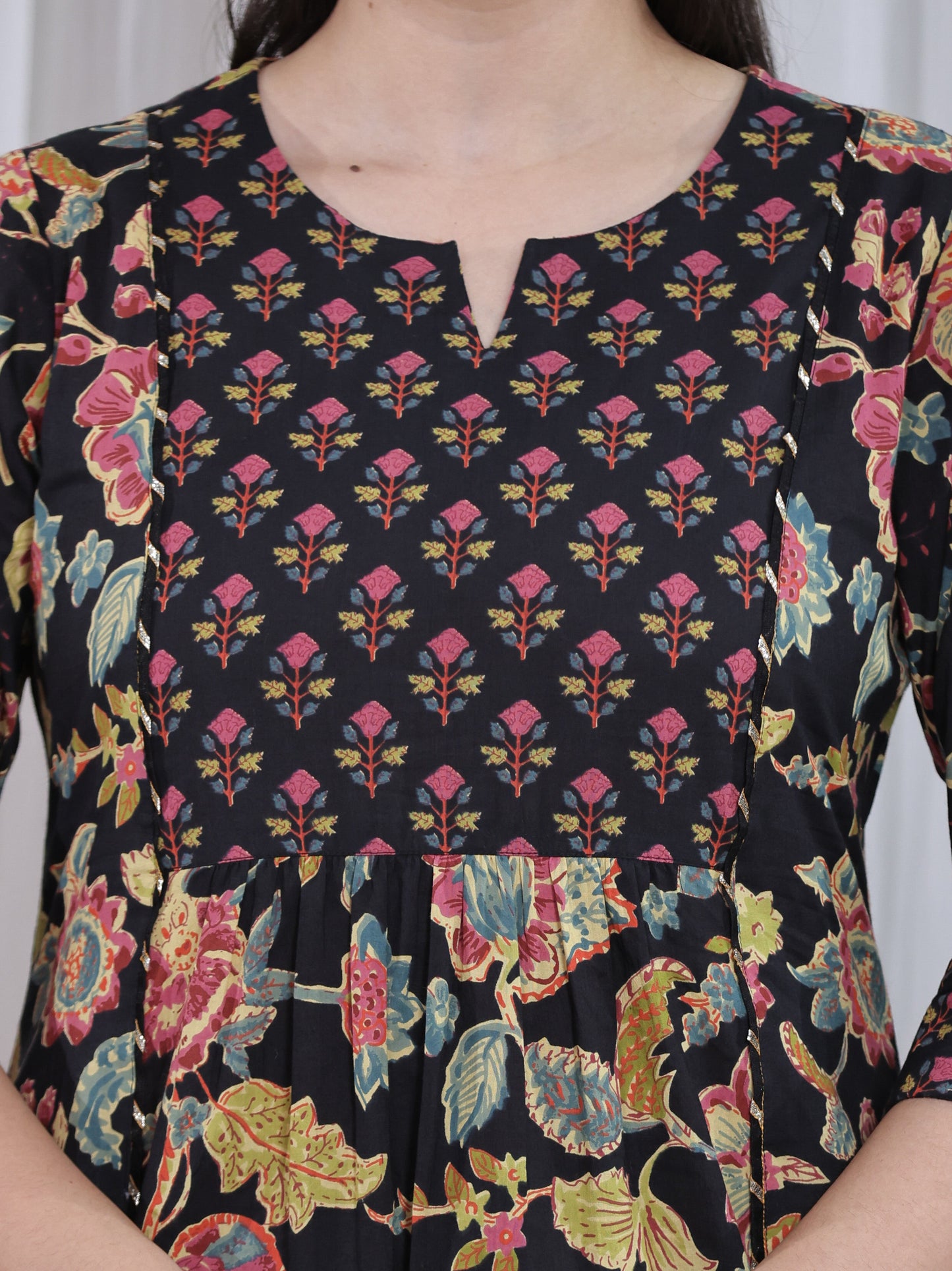 Soft Cotton Floral Flared Black Kurta
