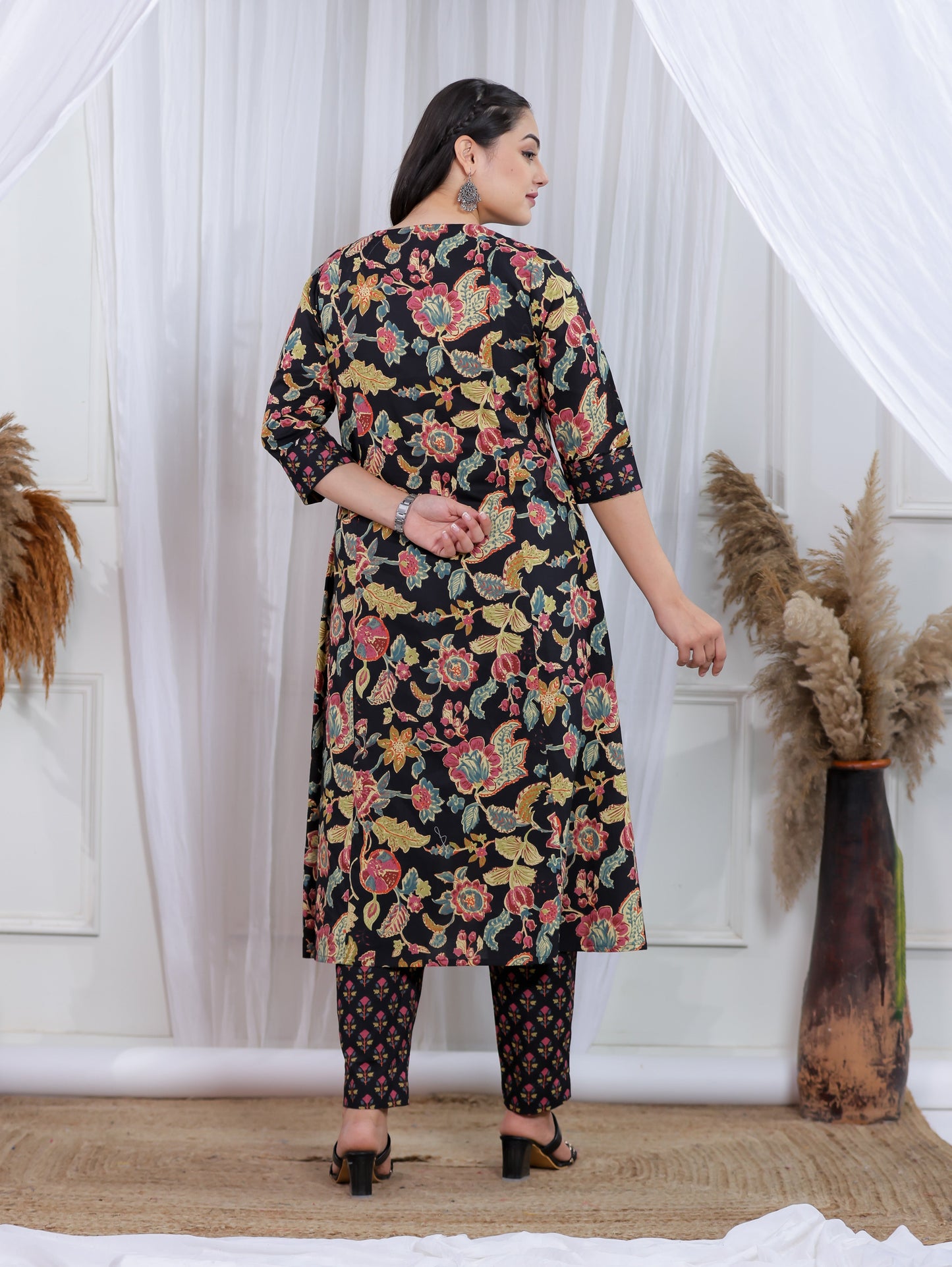 Soft Cotton Floral Flared Black Kurta