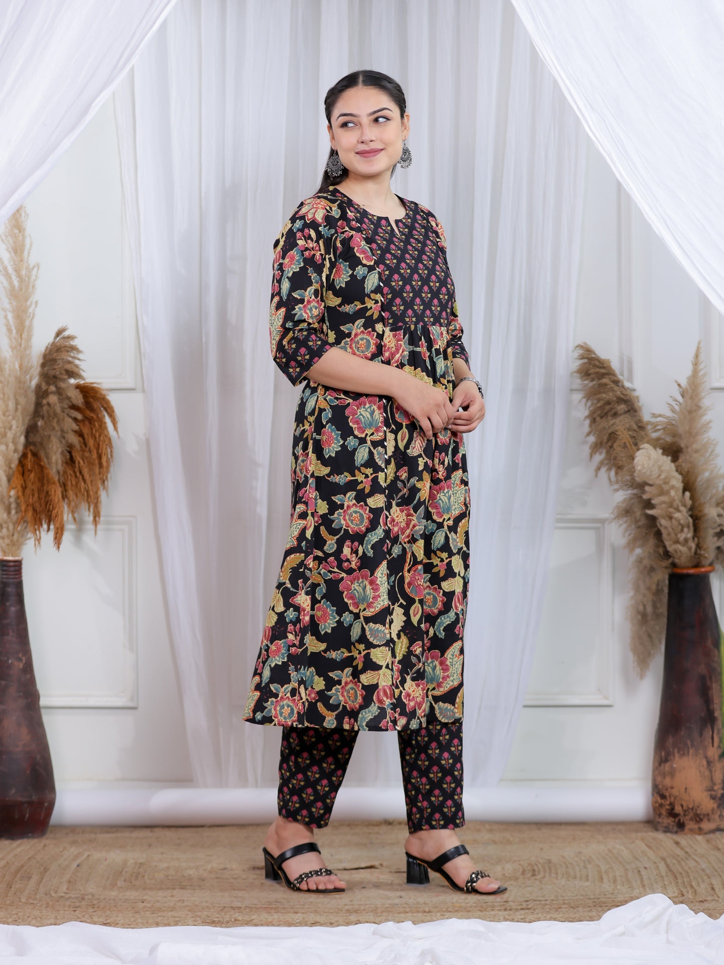 Soft Cotton Floral Flared Black Kurta