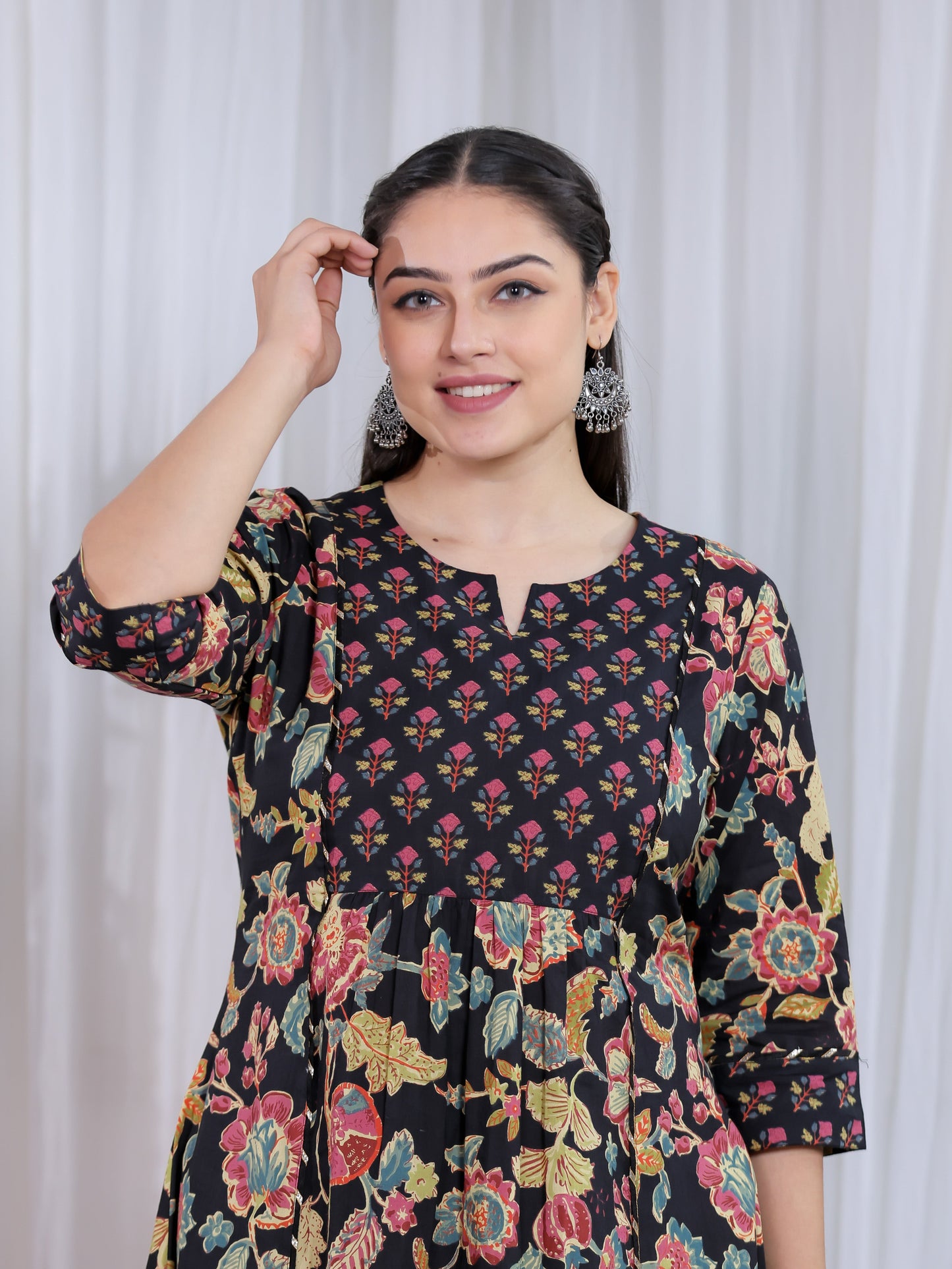 Soft Cotton Floral Flared Black Kurta