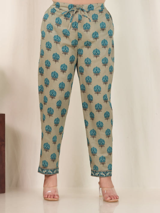 Soft Cotton Floral Green Tapered Trousers