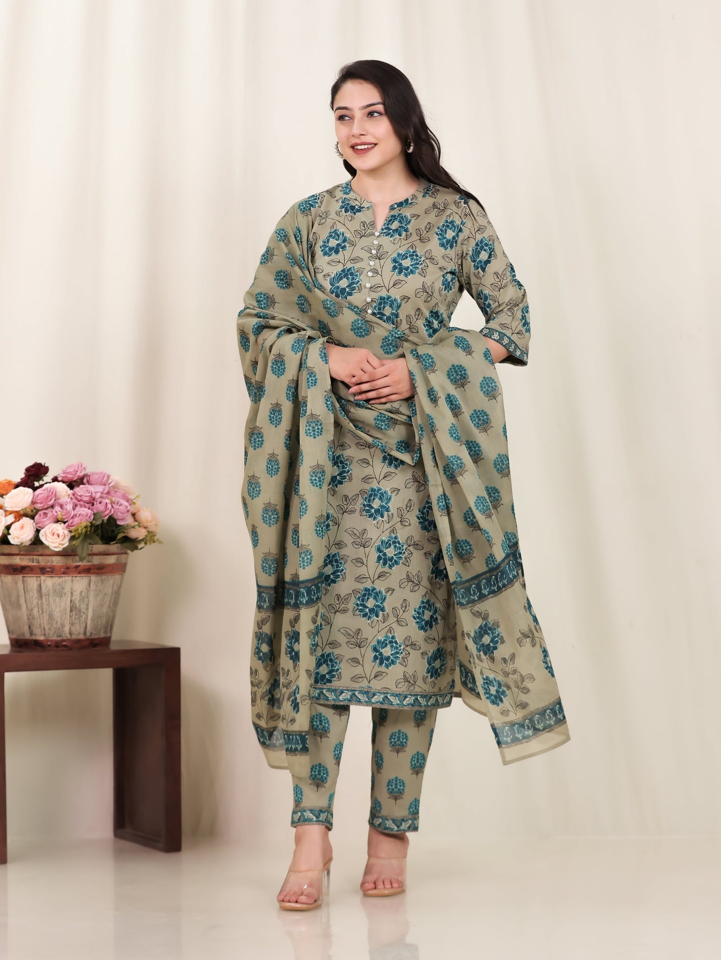 Cotton Voile Floral Green Dupatta