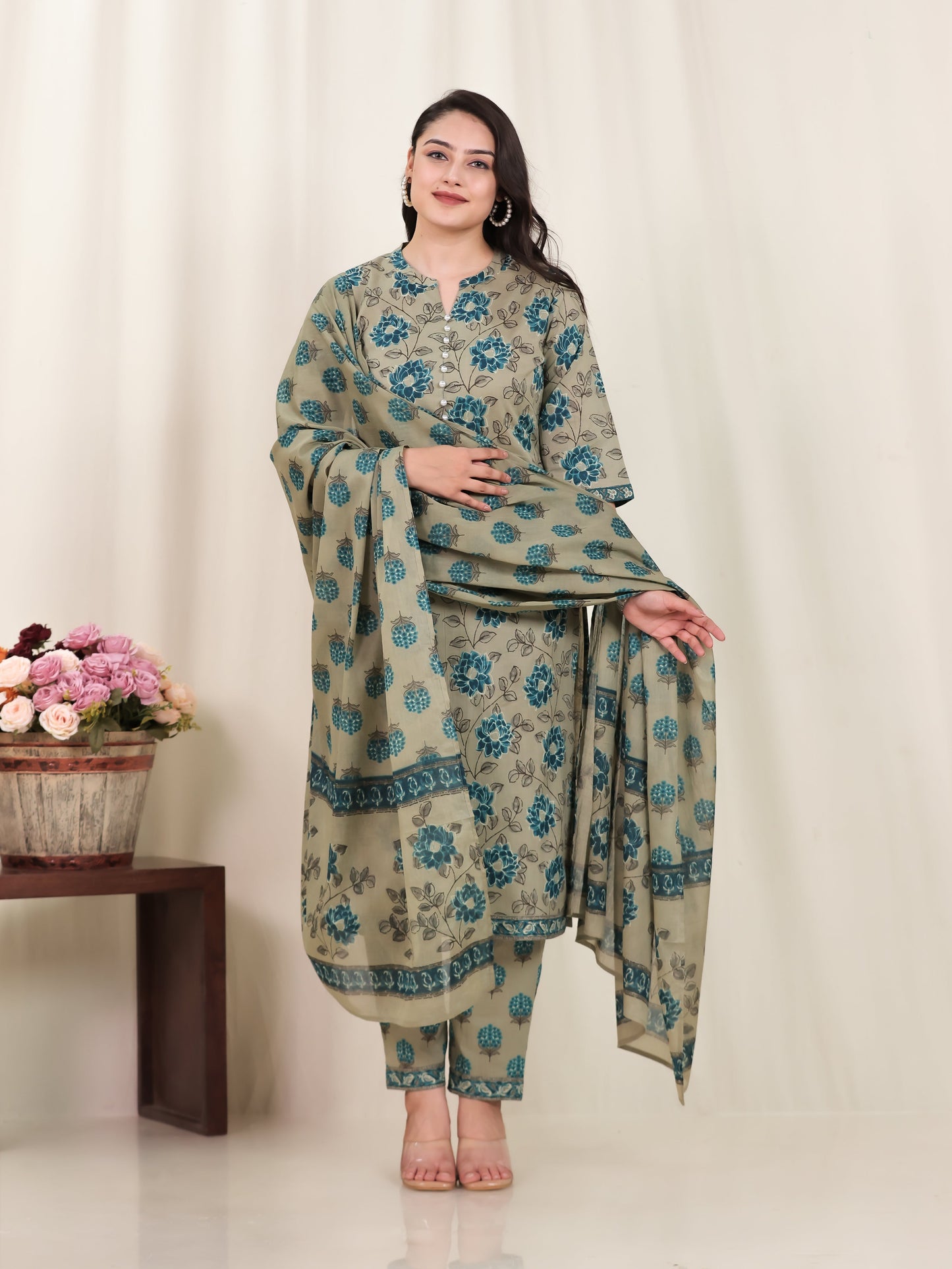 Cotton Voile Floral Green Dupatta