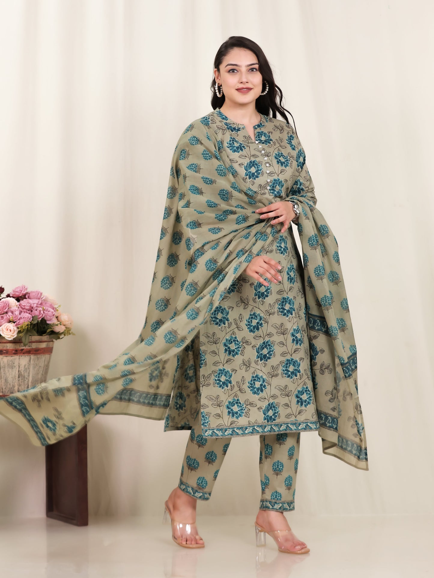 Soft Cotton Floral Straight Blue Kurta
