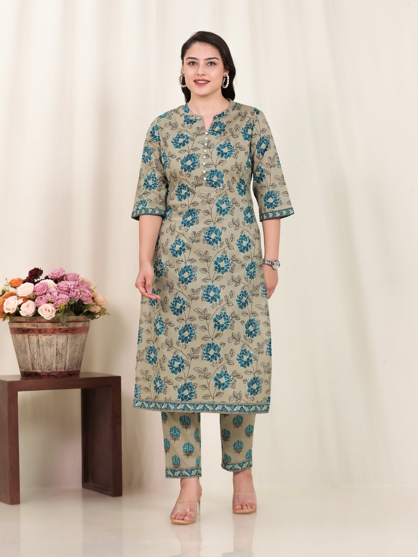 Soft Cotton Floral Straight Blue Kurta