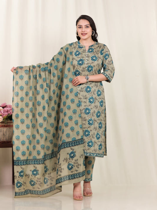 Soft Cotton Floral Straight Blue Kurta