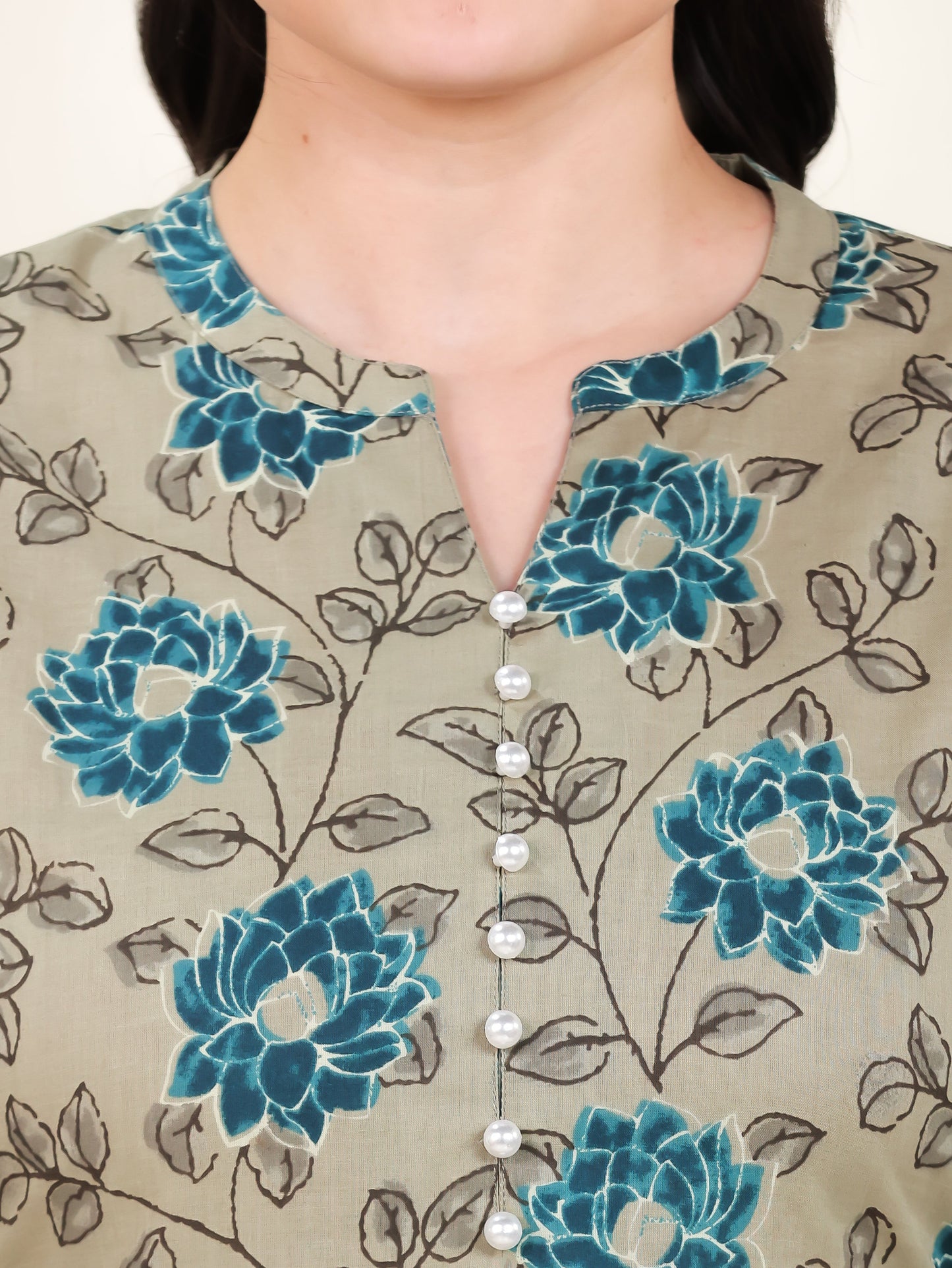 Soft Cotton Floral Straight Blue Kurta