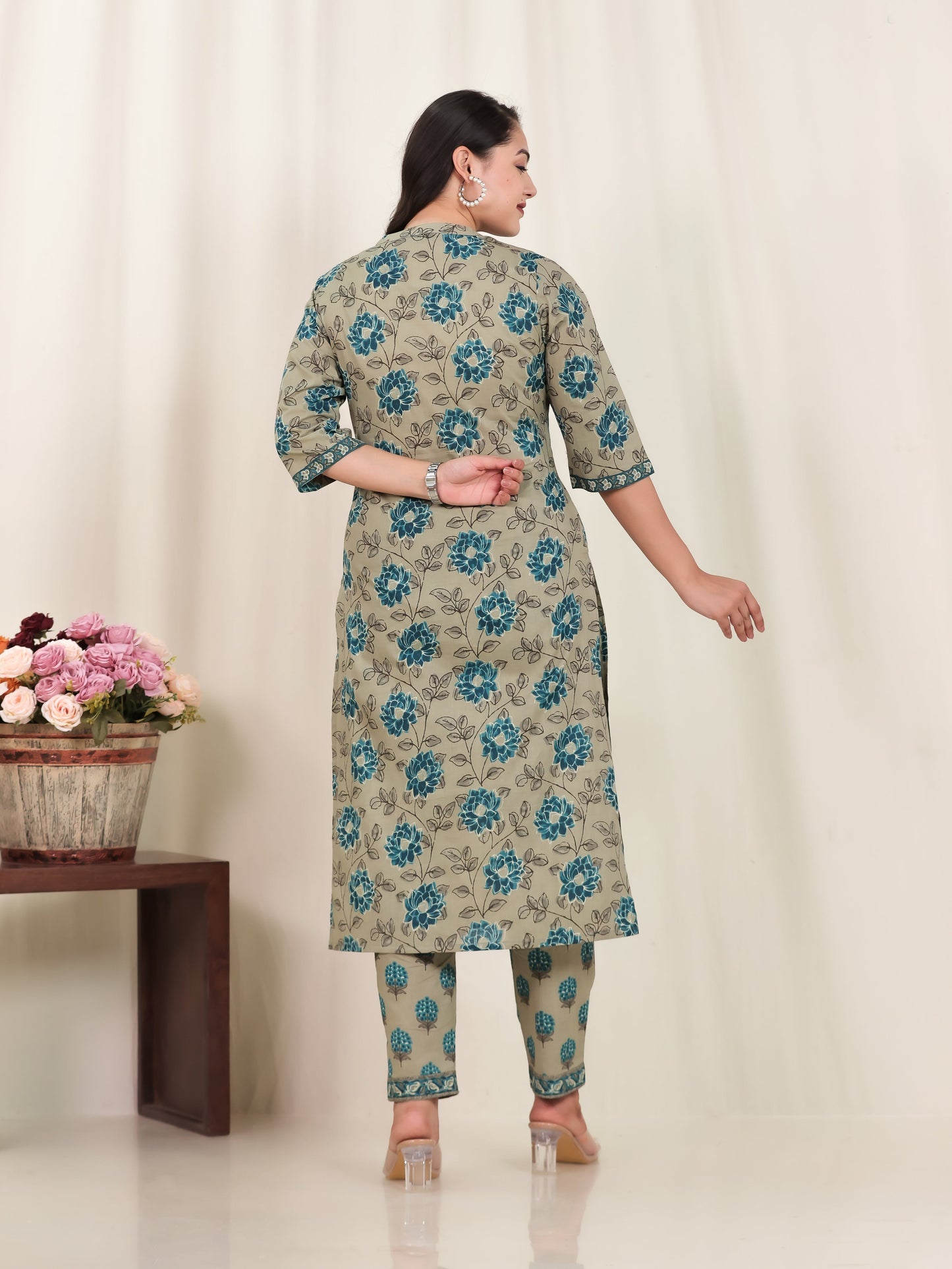 Soft Cotton Floral Straight Blue Kurta