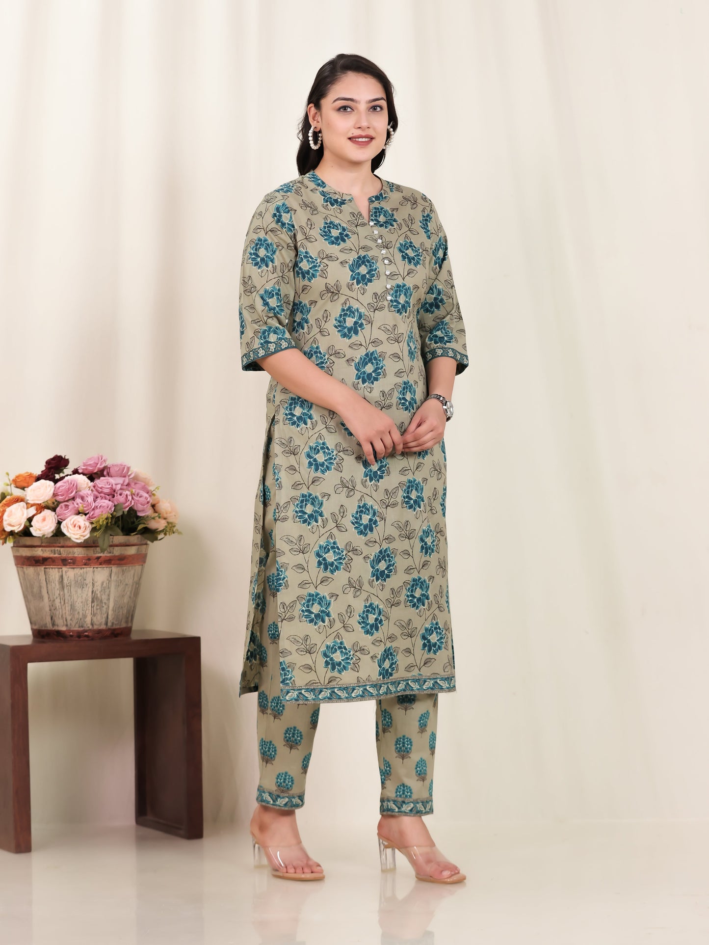 Soft Cotton Floral Straight Blue Kurta