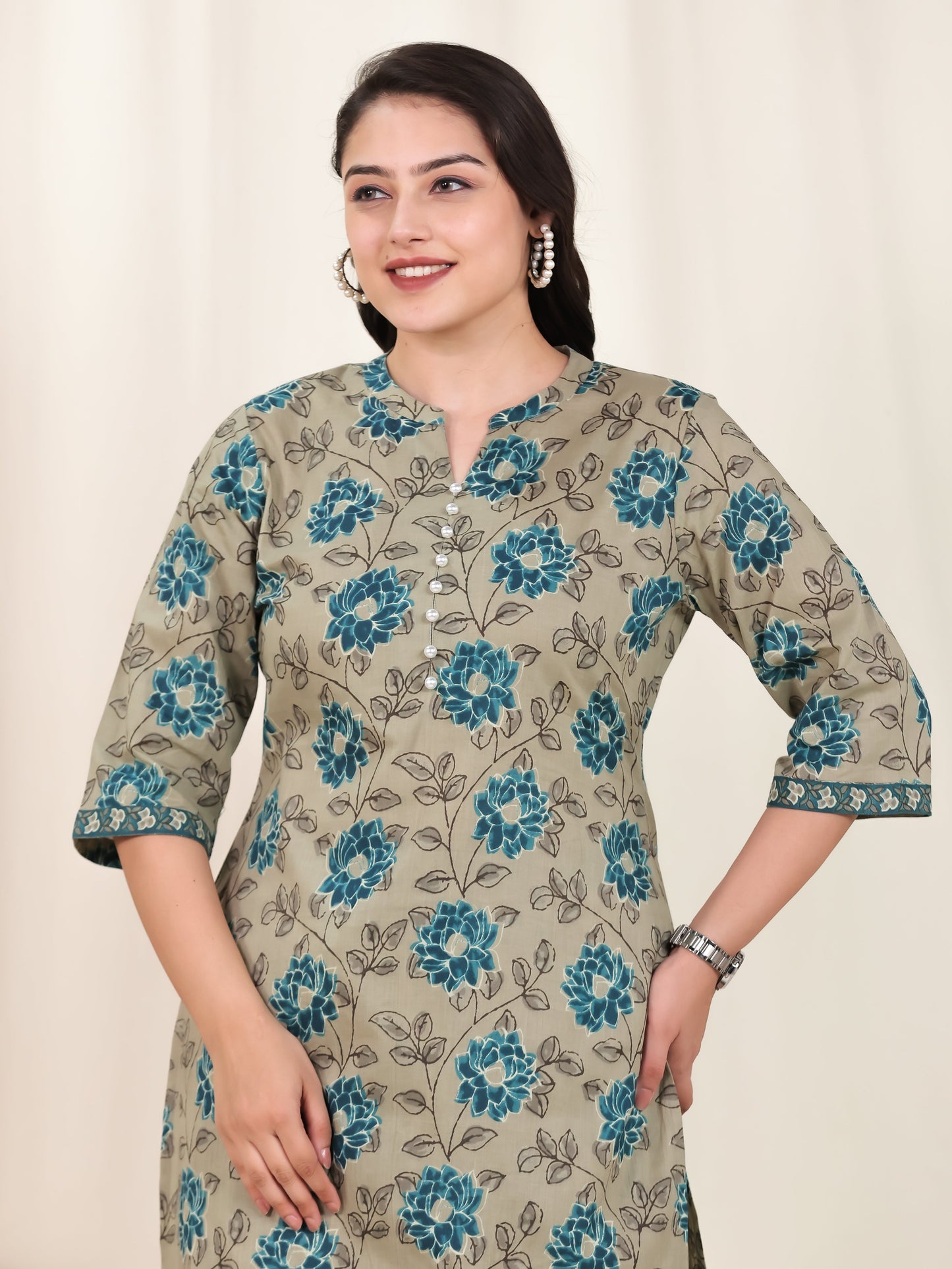 Soft Cotton Floral Straight Blue Kurta