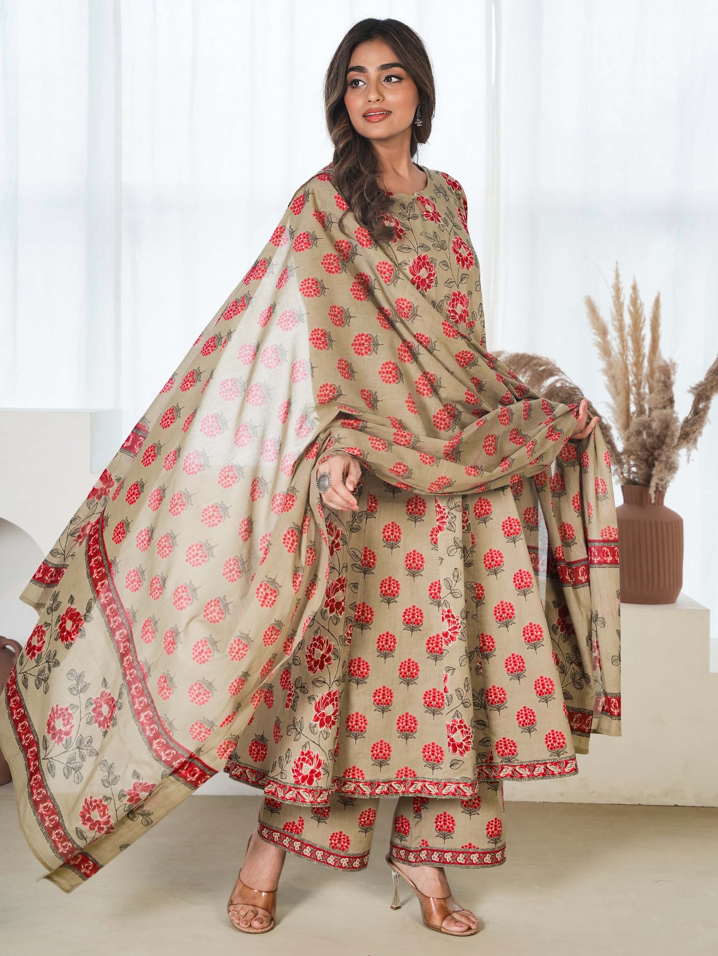 Soft Cotton Floral Anarkali Maroon Kurta