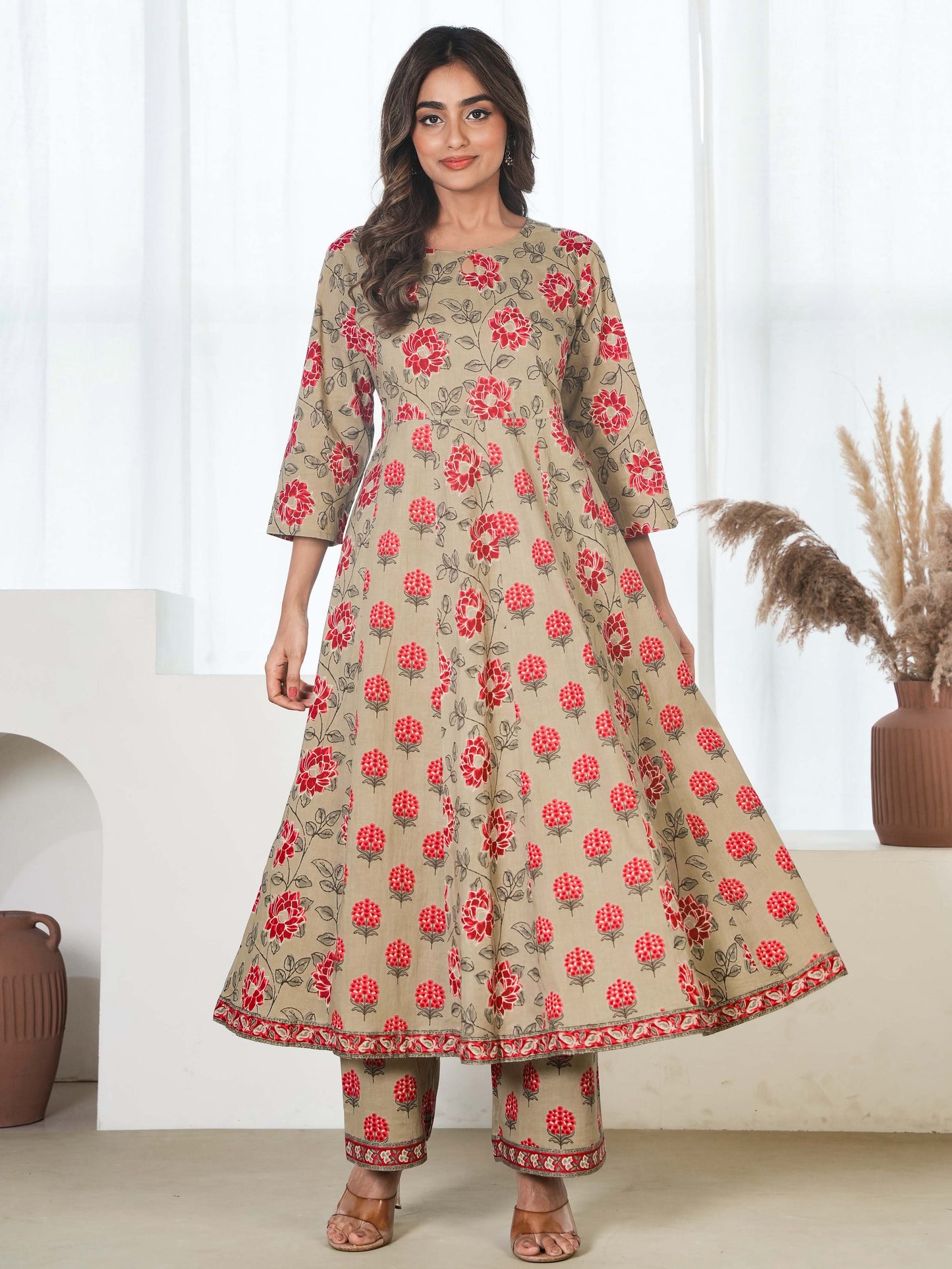 Soft Cotton Floral Anarkali Maroon Kurta