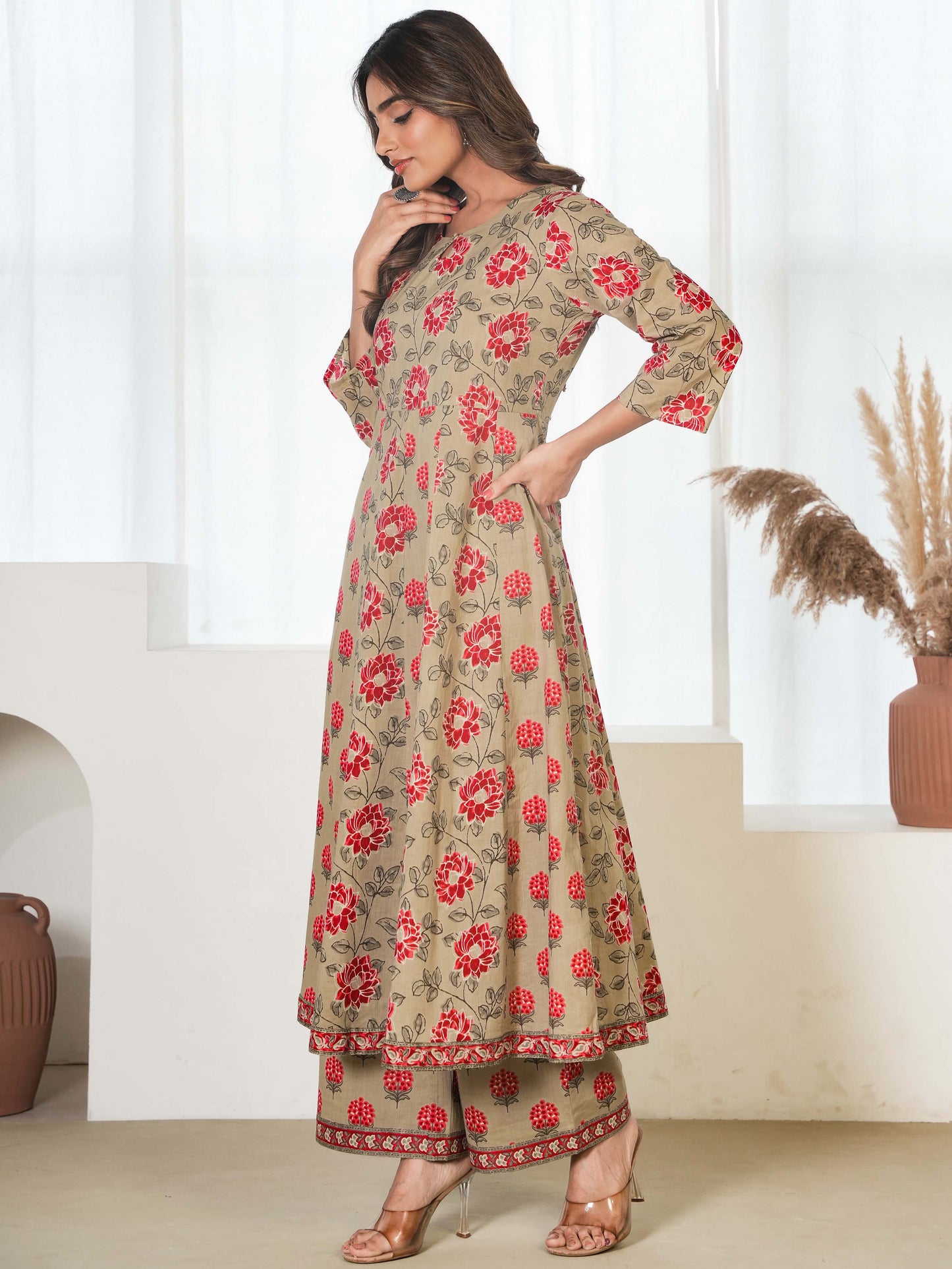 Soft Cotton Floral Anarkali Maroon Kurta
