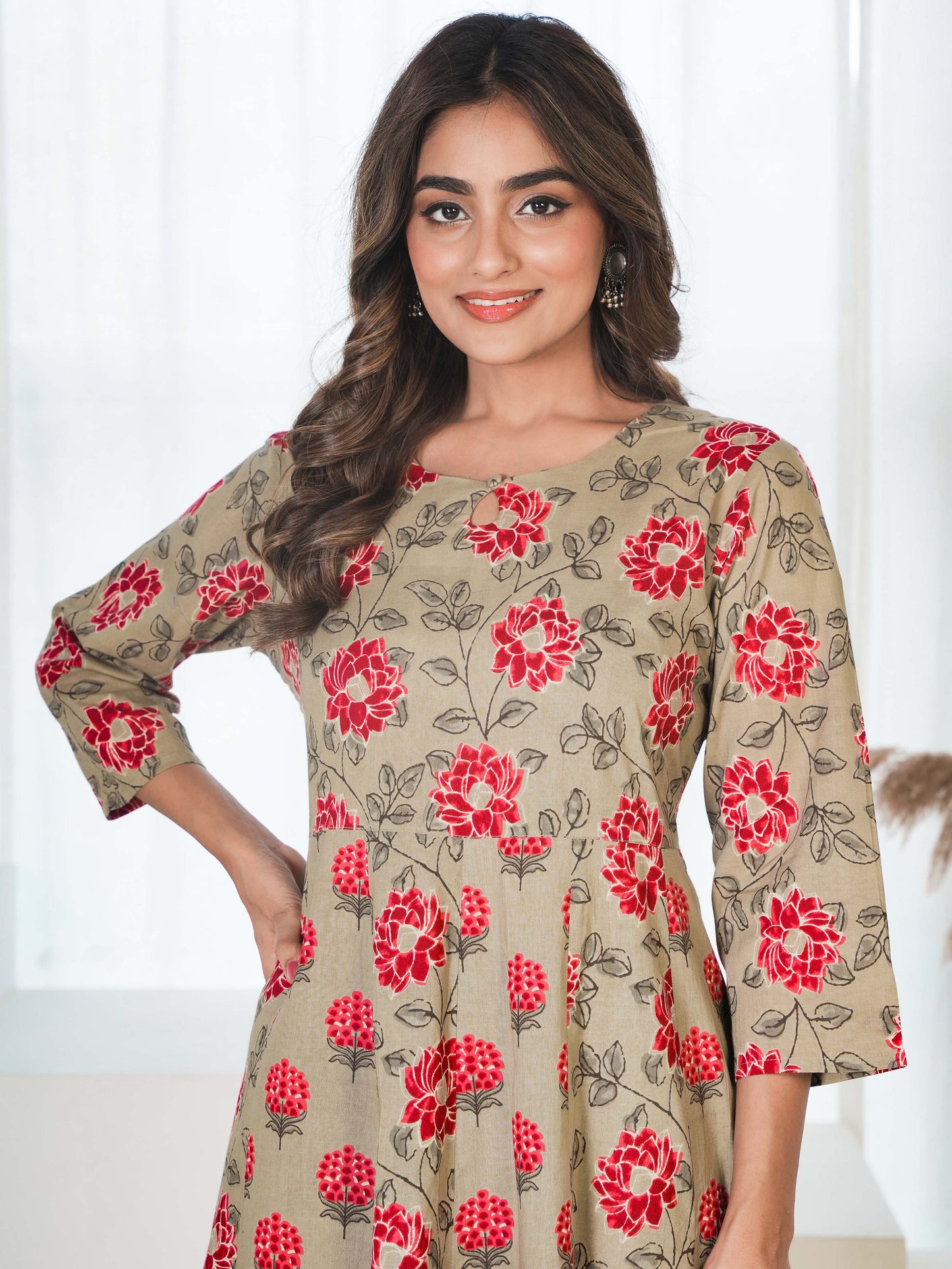 Soft Cotton Floral Anarkali Maroon Kurta