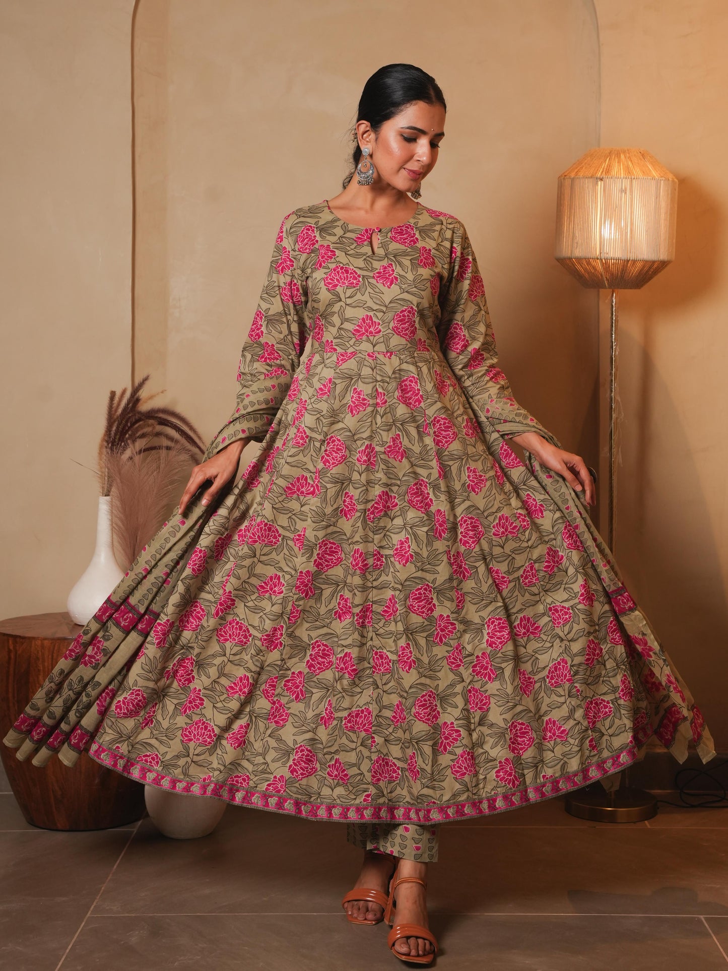 Soft Cotton Floral Anarkali Pink Kurta