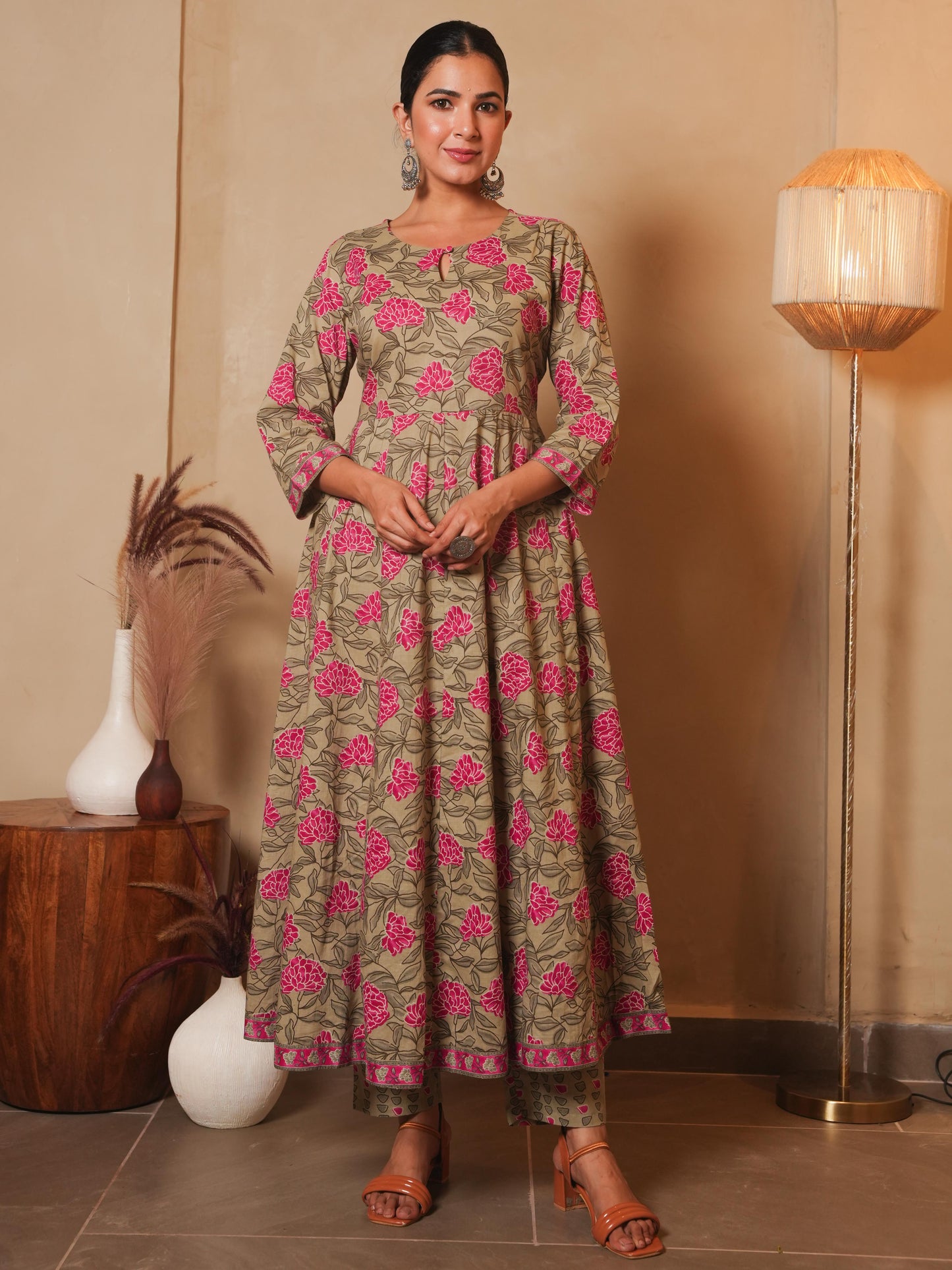 Soft Cotton Floral Anarkali Pink Kurta