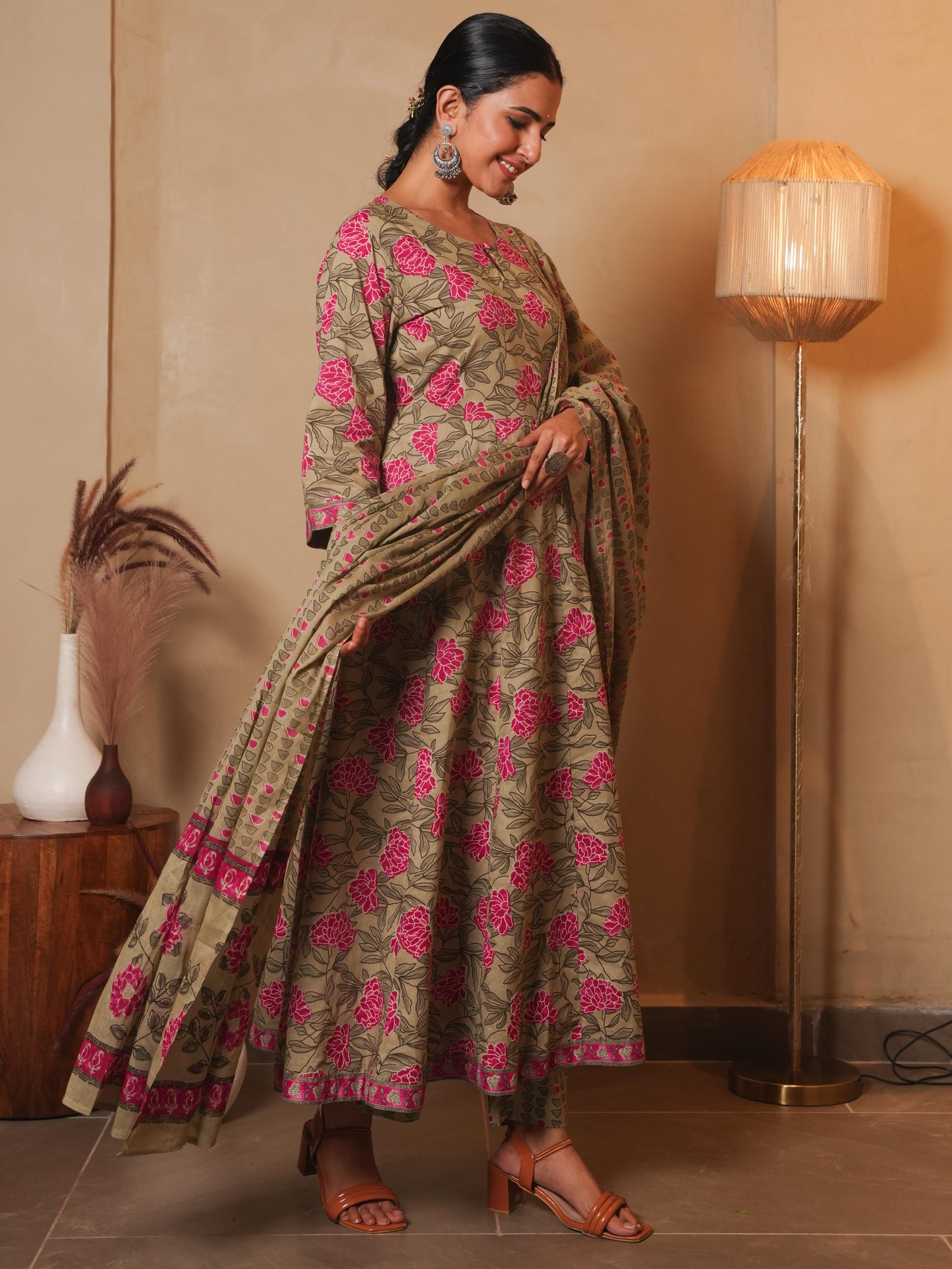 Soft Cotton Floral Anarkali Pink Kurta